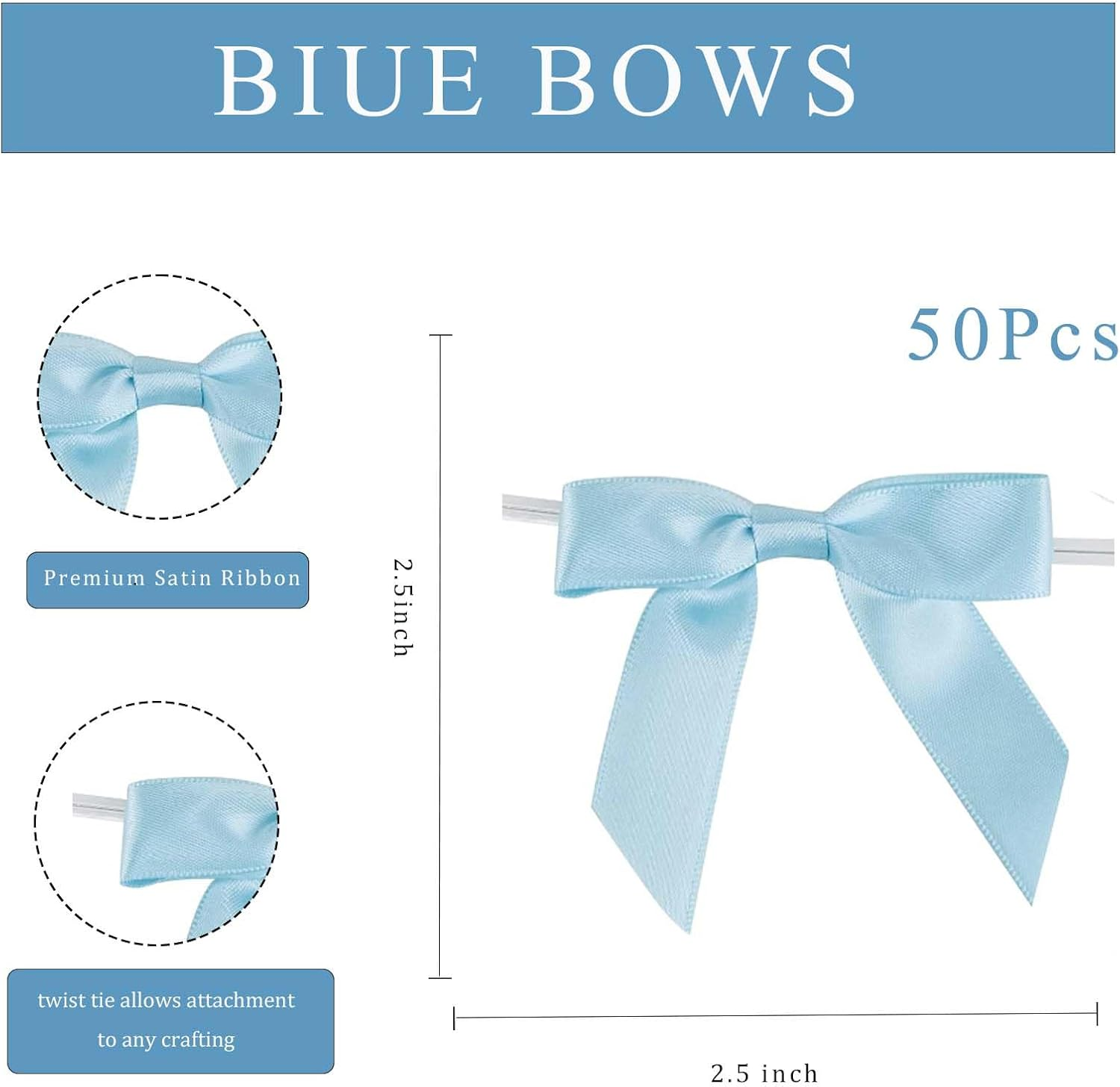 Satin Ribbon Sky Blue Bow Decor 2.5" Premade Pink Twist Tie Bows for Gift Wrapping Treat Bags Party Favors Wedding Decorations - 50 Counts - Black 1 image number 4
