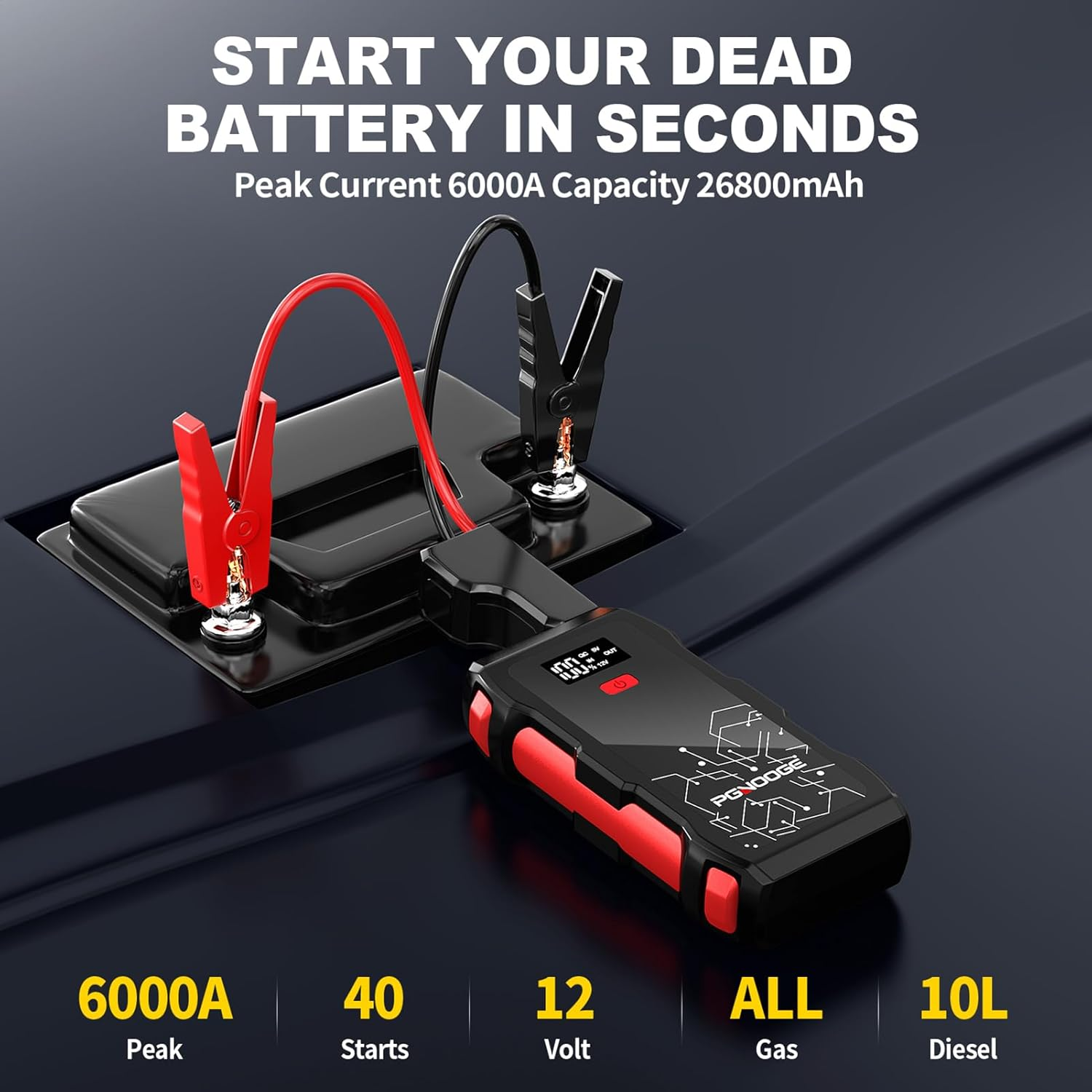 PGNOOGE 26800Mah 6000A Peak Car Jump Starter, Car Battery Booster for All Gas and up to 10L Diesel Engines, 12V Auto Emergency Jumper Starter with Flashlight, LED Display, USB Fast Charging image number 1