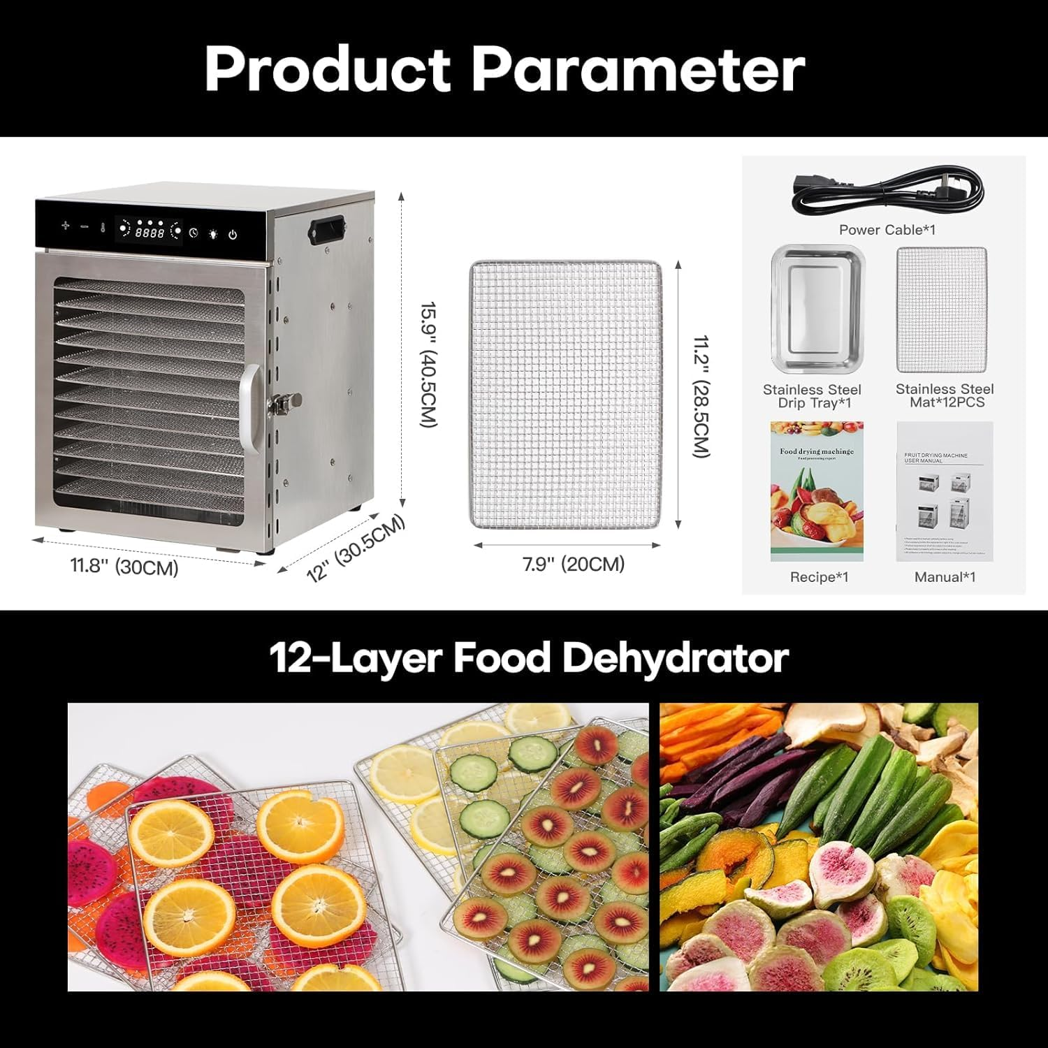 Pro Food Dehydrator Machine | 12 Stainless Steel Trays | Dryer for Jerky, Dog Treats, Herb, Meat, Beef, Fruit | Digital Timer and Temperature Control, Overheat Protection