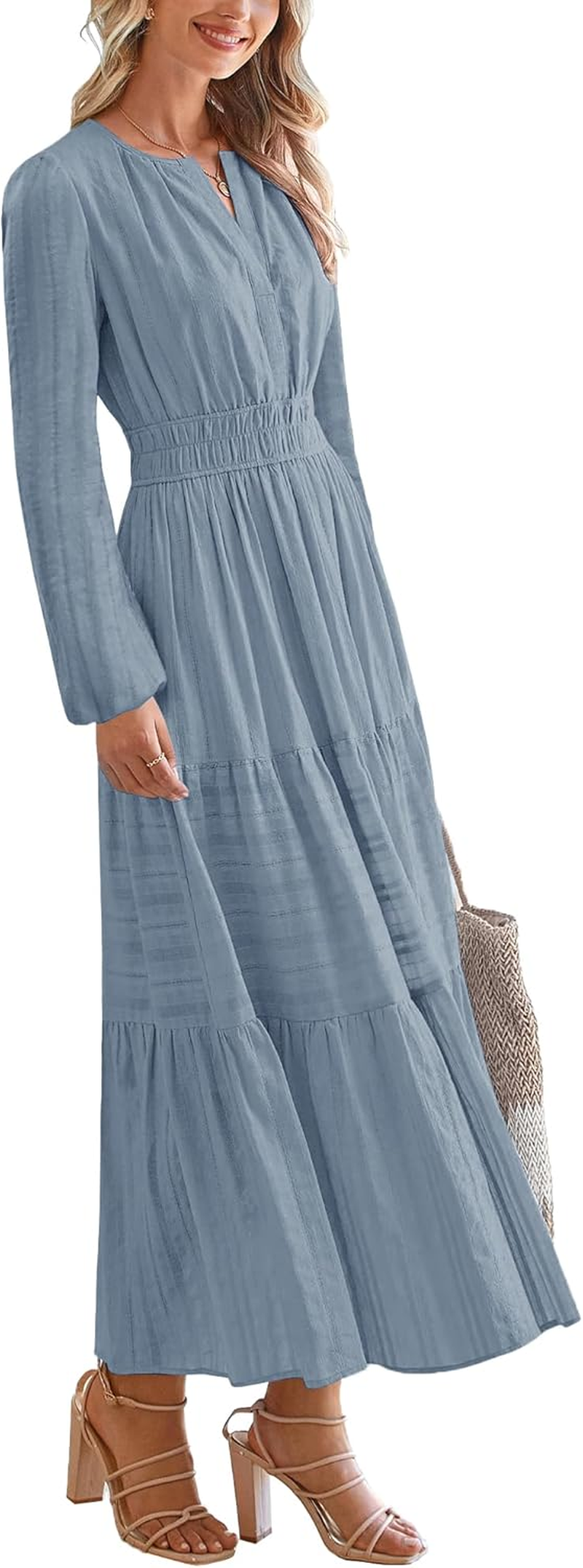 Nursing Fall Dresses for Women Puff Long Sleeve V Neck Tiered Wedding Guest Maxi Dress with Pockets image number 5