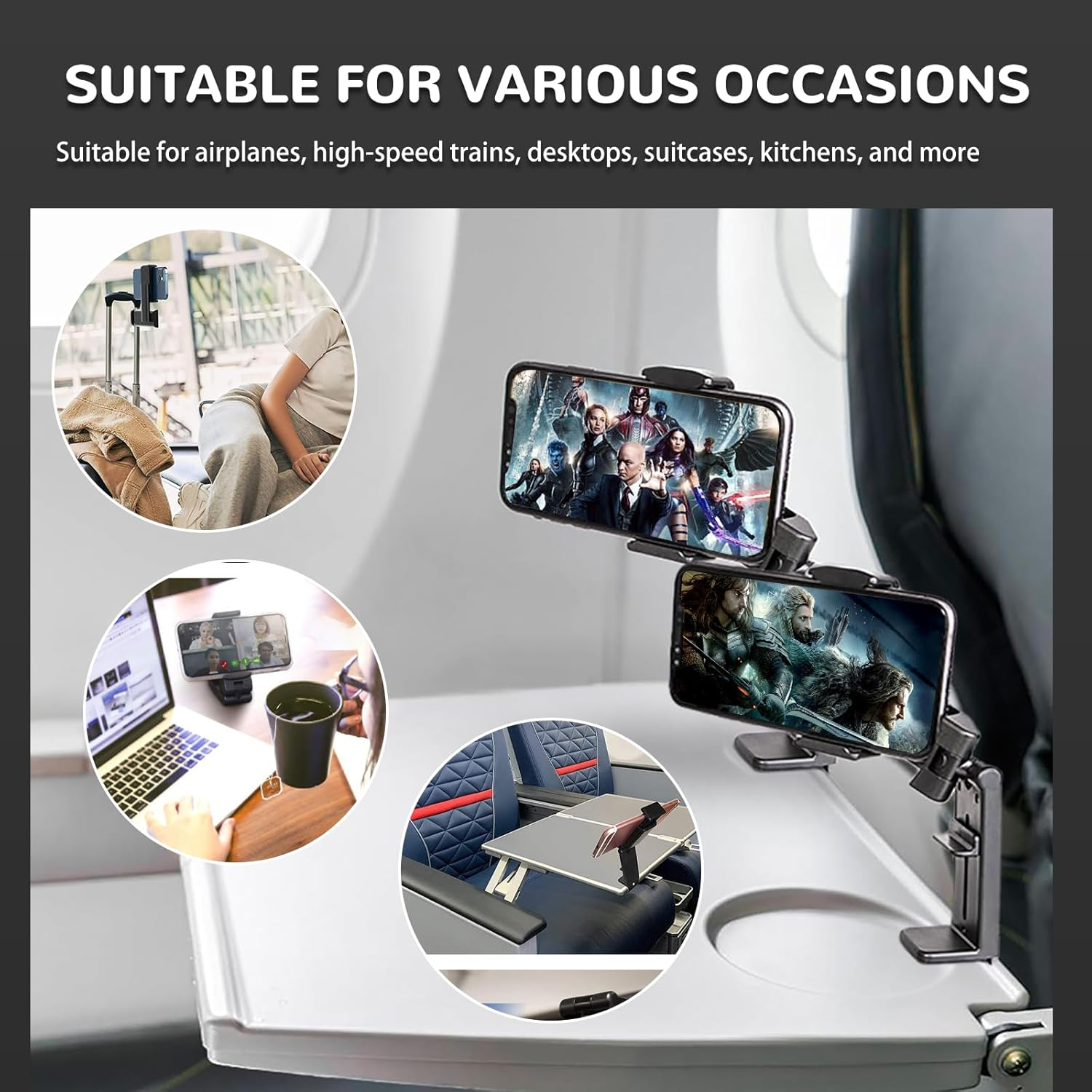 2 Pack Airplane Phone Holder for Travel,360&deg; Rotatable Flight Phone Mount Clip,Durable Compact Travel Essential for Iphone, Samsung Most Smartphones Foldable Lightweight (Black) image number 4