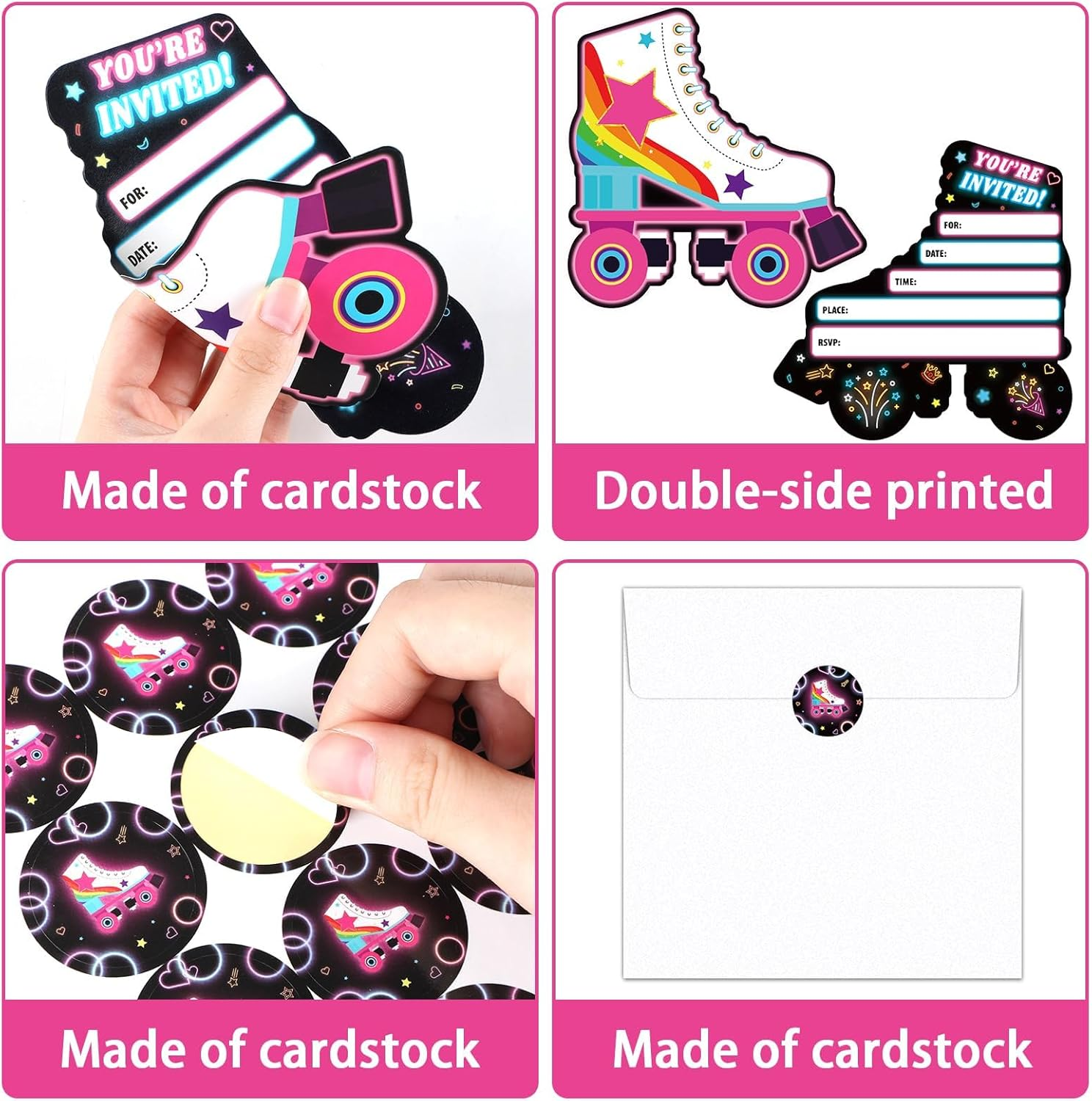 Lonfliness 30Pcs Neon Roller Skating Birthday Party Invitations Skate Invitation for Boys Girls Kids Glow Skating Birthday Party Invite Supplies Skate Party Favors 30 Cards with Envelopes and Stickers image number 1