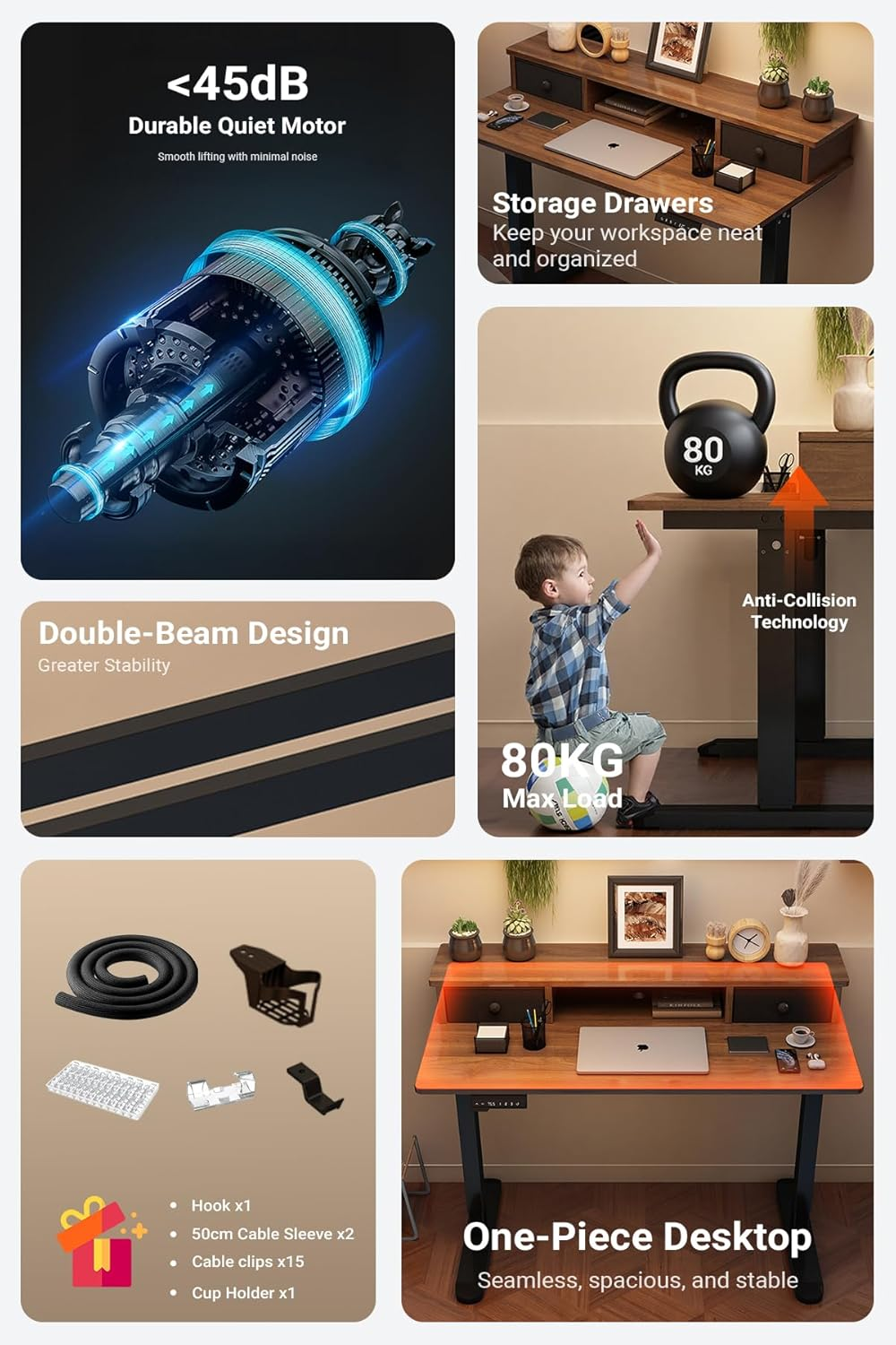 Ixtra Electric Standing Desk 100X60Cm with 2 Drawers Height Adjustable Whole Piece Desktop Storage Shelf Hook Cup Holder Cable Management Walnut image number 1