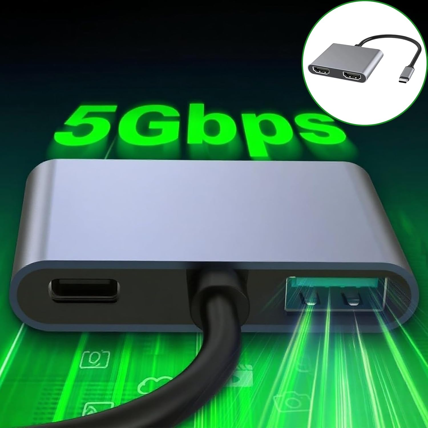 Jeyzuroa 4 in 1 USB C to Dual HDMI Adapter 4K@30Hz, Dual HDMI Adapter for 2 Monitors with 87W PD Charging, USB-A 3.0 Port, for Macbook Pro Air, HP, Dell, Iphone 15 Series image number 1