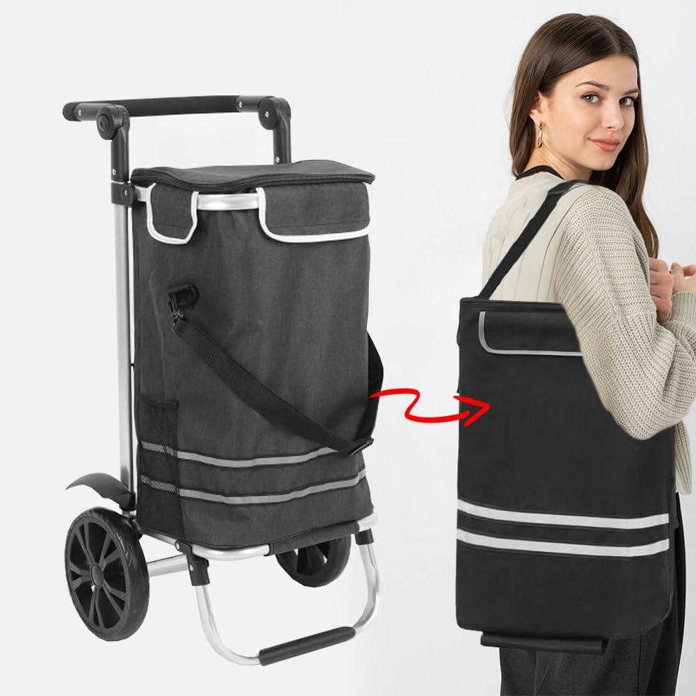 ALSTON Foldable Shopping Trolley Cart Multifunctional 41L Large Capacity Hand Carry Bag Aluminium Frame with Removable Zipped Bag Side Pockets and Wheels Black image number 5