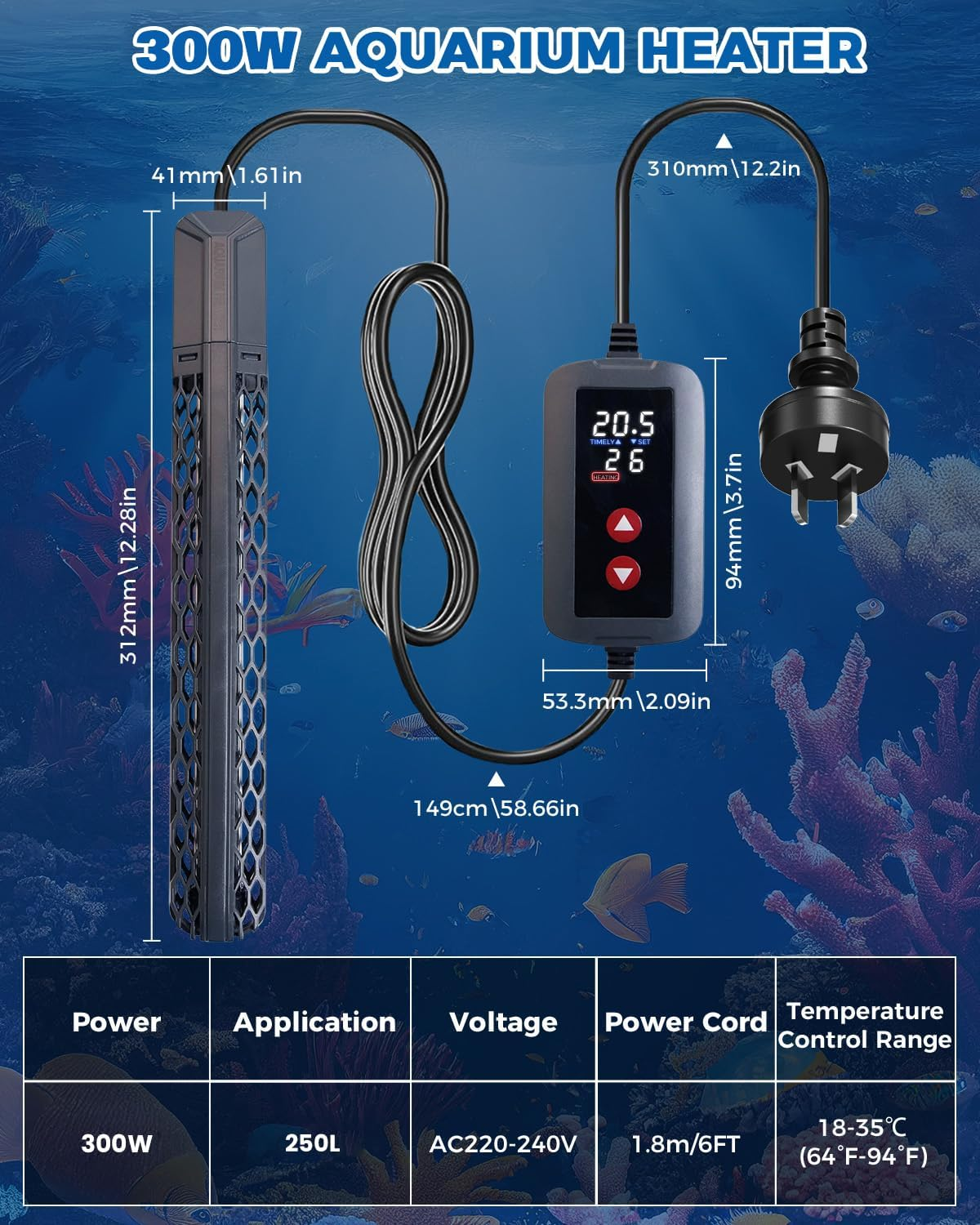 Doright Aquarium Heater 300W, Fish Tank Heater with Intelligent LED Digital Display Thermostat Controller, Fish Tank Heaters for Tropical, Aquarium Heaters for 250L Freshwater Saltwater image number 4