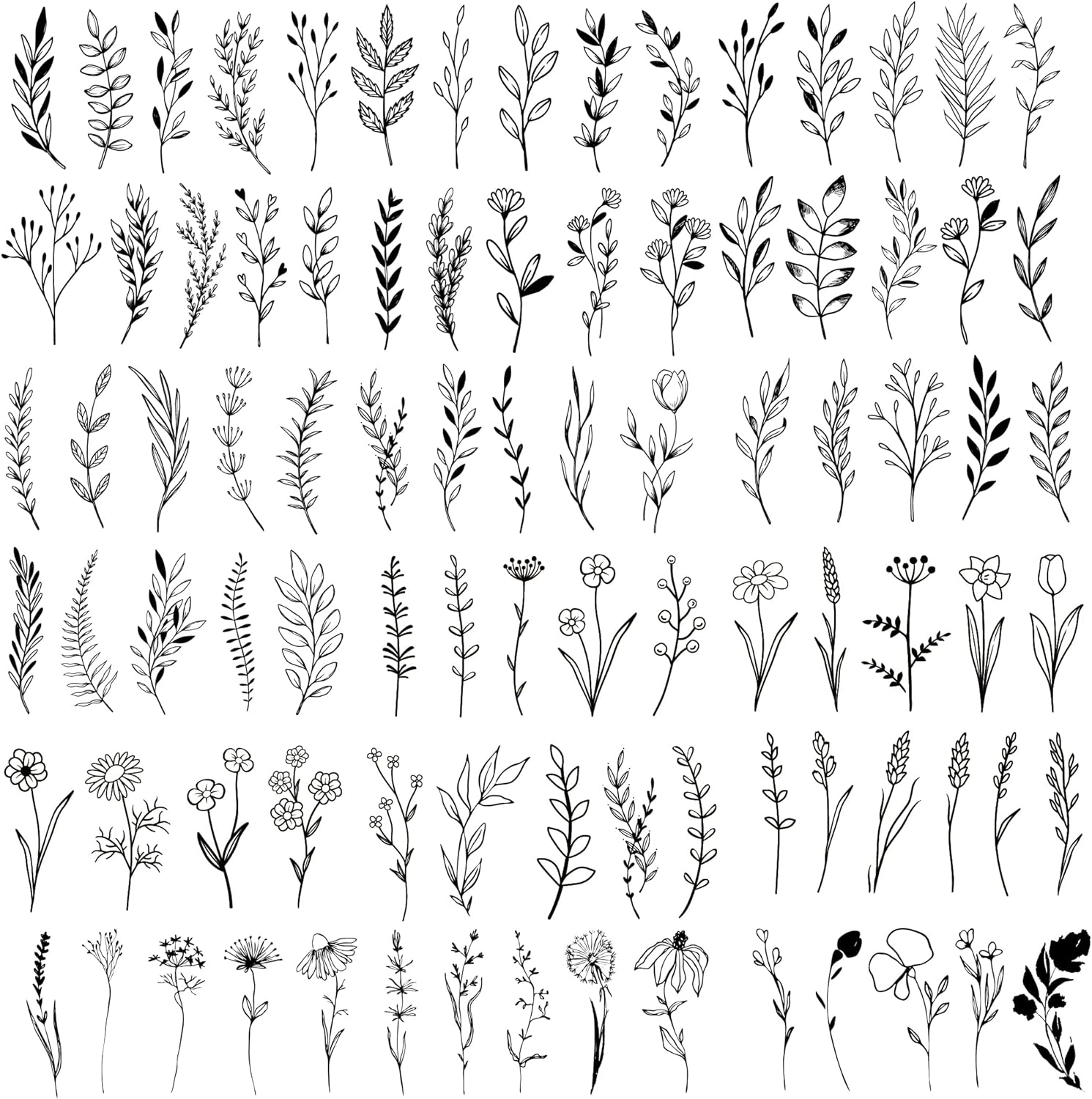 18 Sheets Realistic Temporary Tattoo, Tiny Branch Black Flower Temporary Tattoos for Women Girls Kids, Bouquet Small Tattoo Temporary Sticker Wild Plant Floral Fake Tattoos