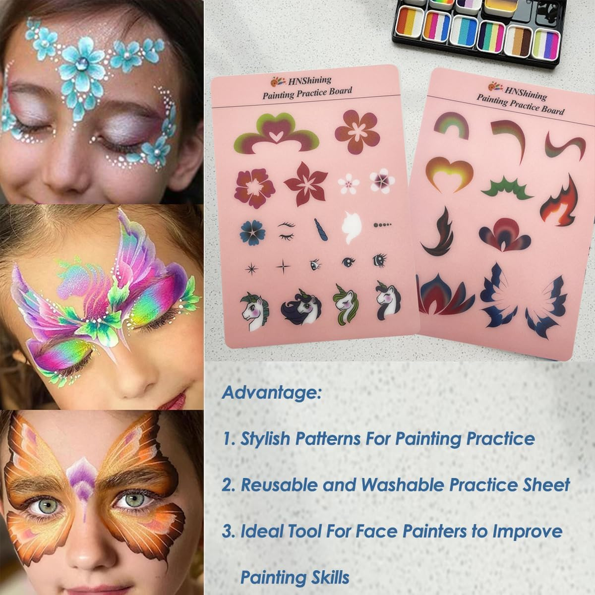 Hnshining Face Painting Practice Board,Body Paint Exercise Board with Various Patterns,Hnshining Reusable Painting Patterns Exercise Template,Painting Skill Practice Sheet image number 2