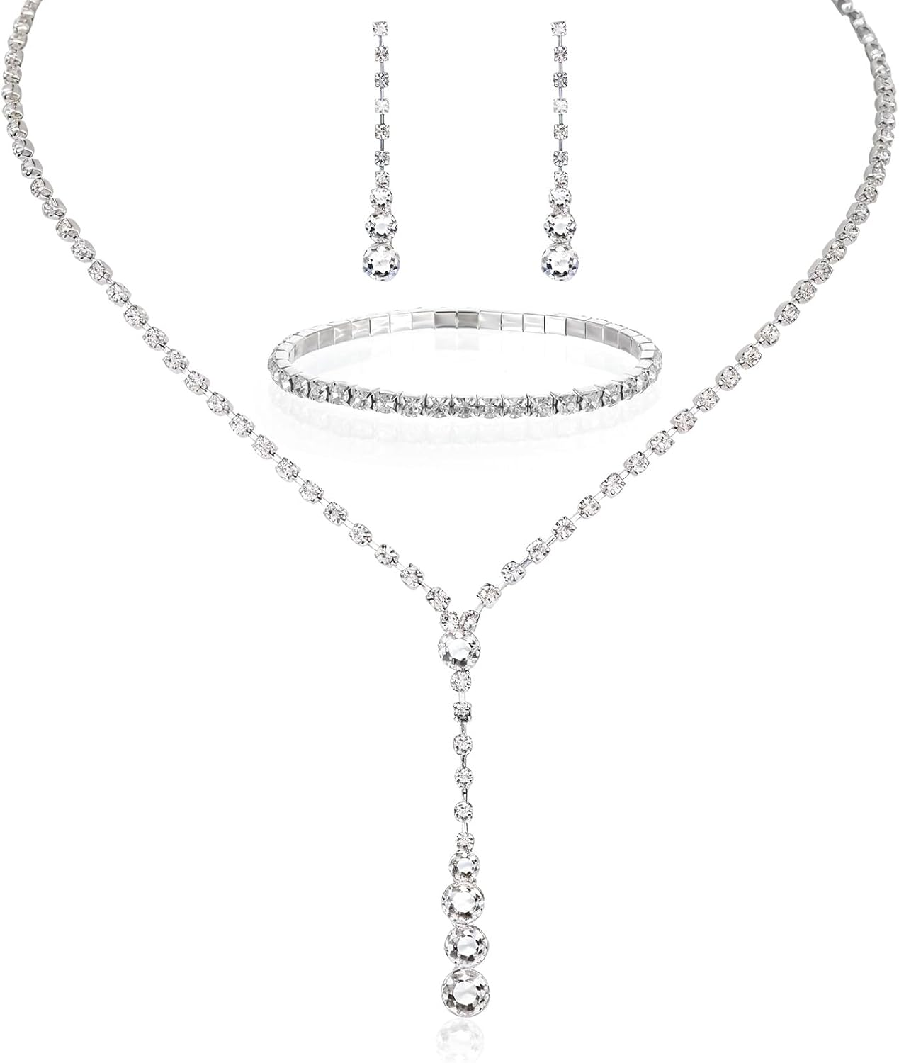 Crystal Jewelry Set for Women, Silver Bridal Jewelry Set Rhinestone Necklace, Bracelet and Earrings, Bridal Wedding Party Accessories