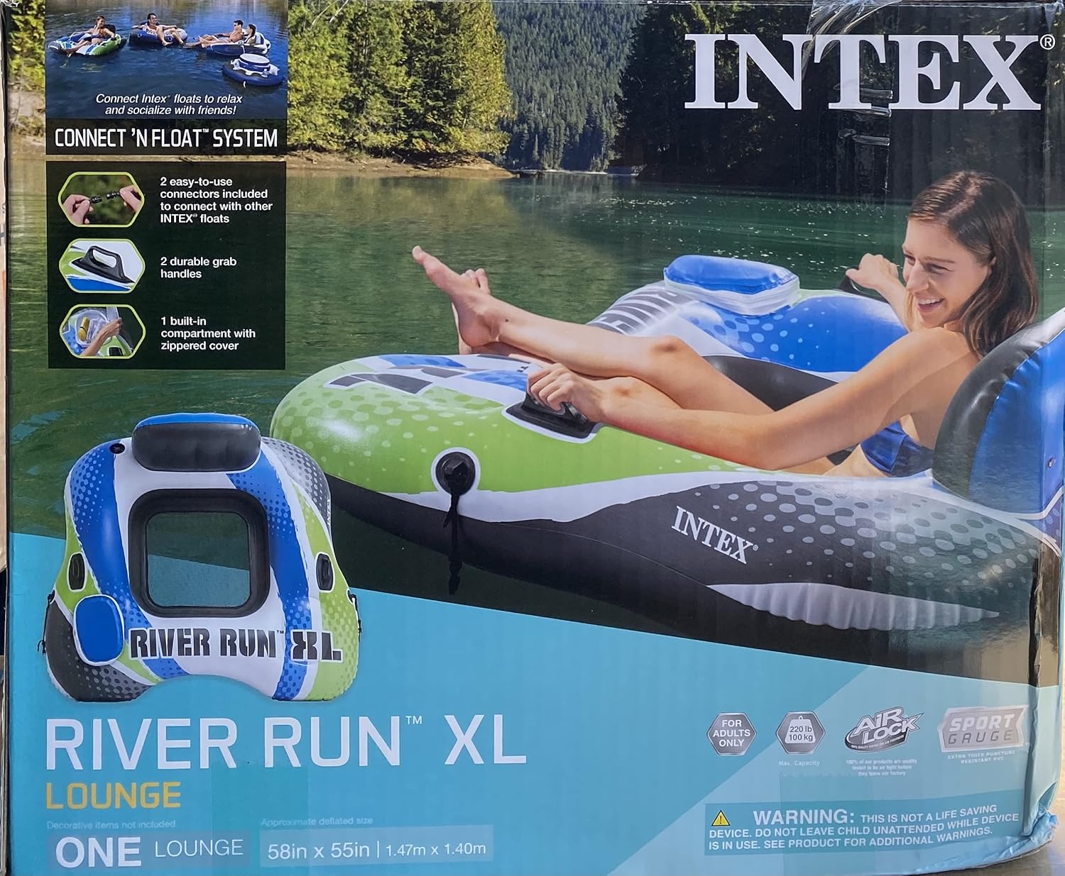 Intex River Run XL Lounge Tube - Inflatable Pool River Raft Ride- Vibrant Blue, White, and Green image number 1