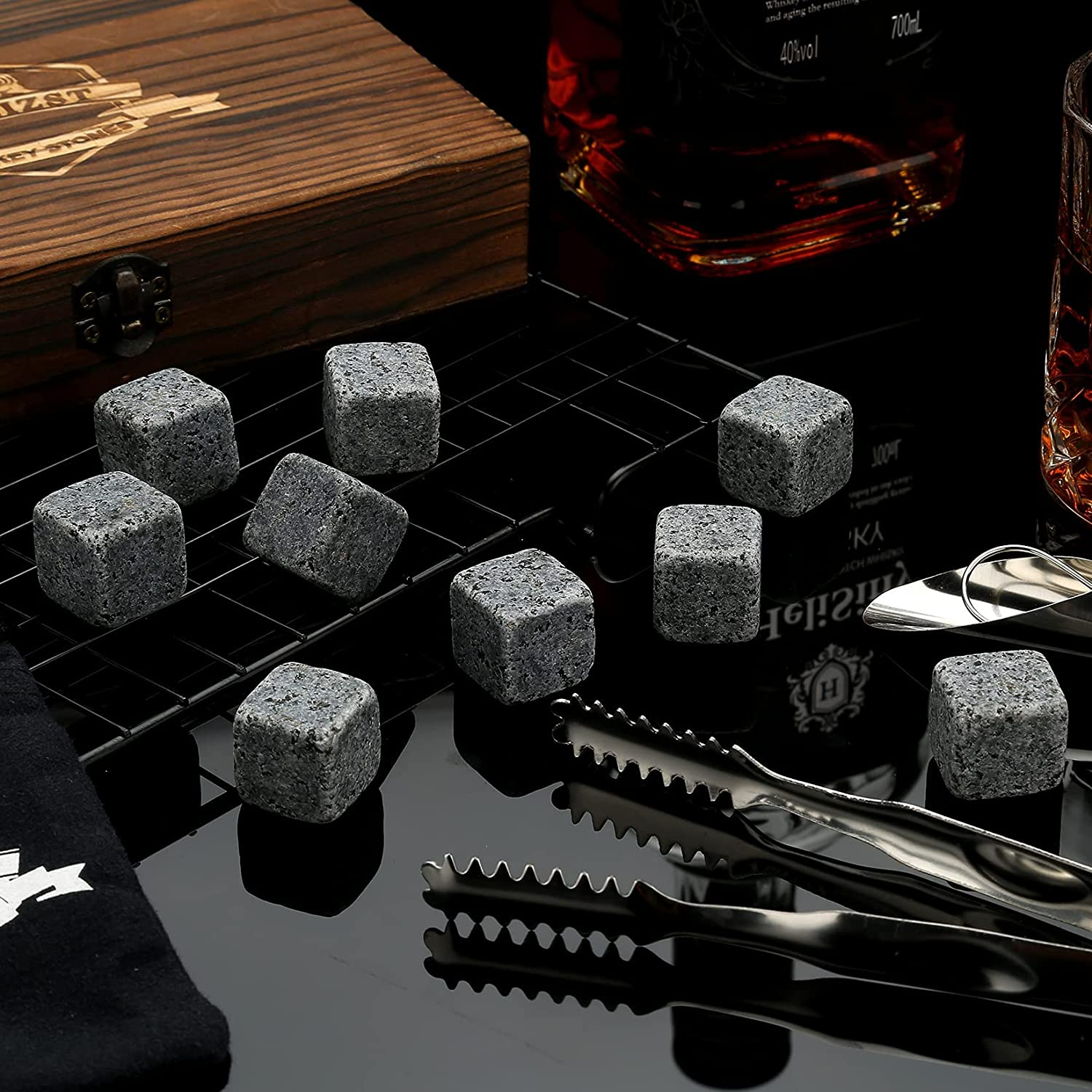 Whiskey Stones Gift Set - 9 Granite Chilling Stones Whisky Rocks - Reusable Ice Cubes with Tongs Stopper - Best Drinking Present for Men Dad Party Birthday Anniversary Retirement Father'S Day (Gray)