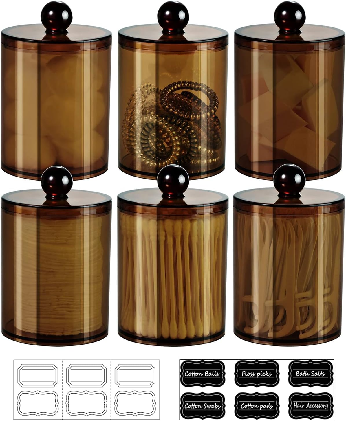 Sheechung 6-Pack Blue Acrylic Apothecary Jars - (3) 12Oz & (3) 10Oz Qtip Holder Set with Labels - Shatterproof Bathroom Vanity Organizer for Cotton Swabs, Balls, Pads - Coastal Decor