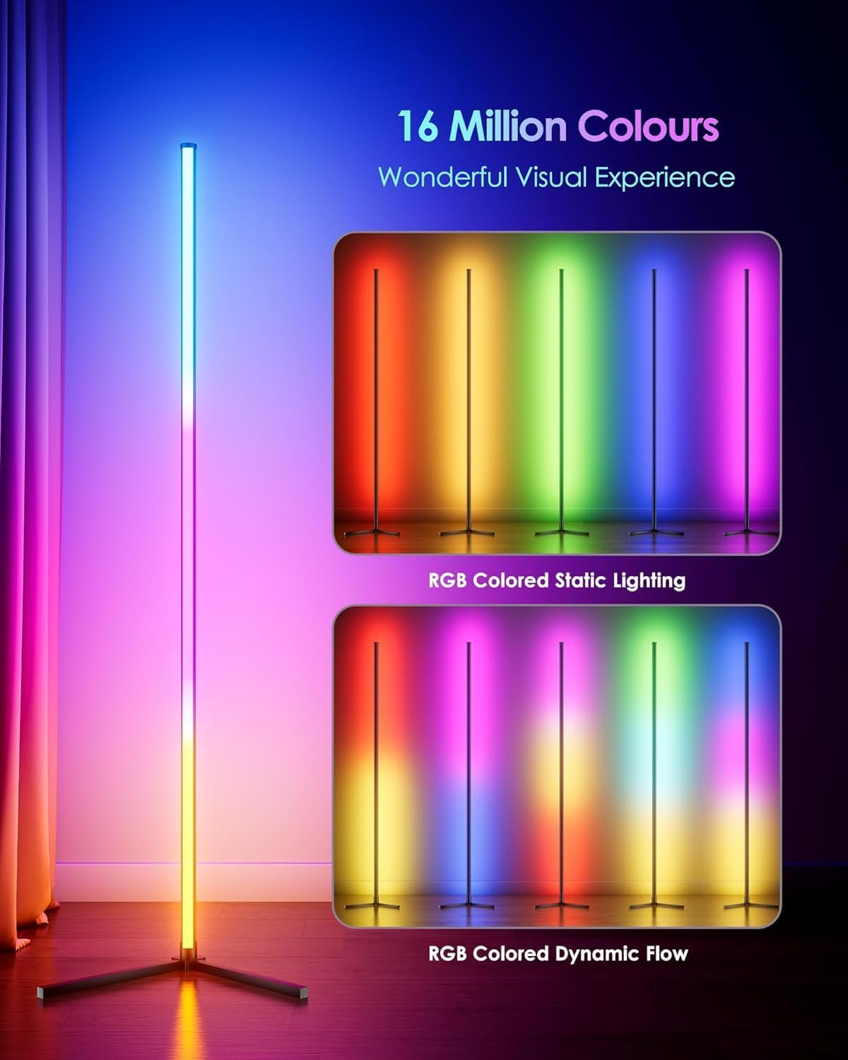 Smart RGB Corner Floor Lamp, 16 Million Colors LED Floor Light with App & Remote Control, 68+ Scene Modes Music Sync for Bedroom, Living Room, Gaming Room, Dimmable Ambient Mood Lighting image number 6