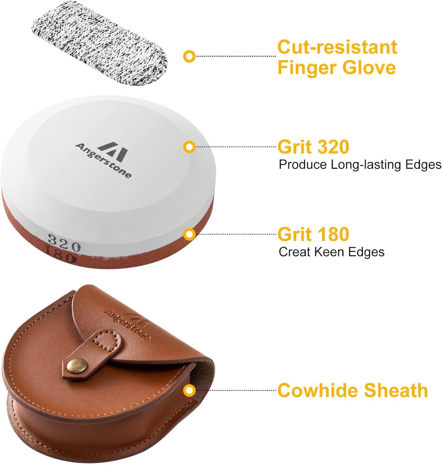 Angerstone Axe Sharpener - Multipurpose Axe/Hatchet Sharpening Stone - Whetstone Blade & Tool Sharpener, Dual Grit 180/320 Sharpening Puck with Leather Sheath image number 2