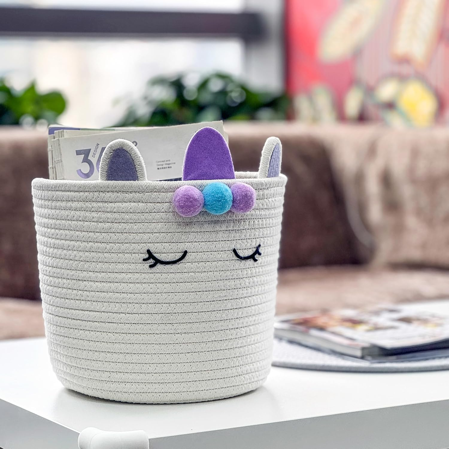 T&T Homewares - Small Woven Cotton Rope Storage Basket, Collapsible Organizer Basket, Clothes | Pet Gift Basket | Nursery Organizer- D25Xh20 (Purple Unikorn) image number 2