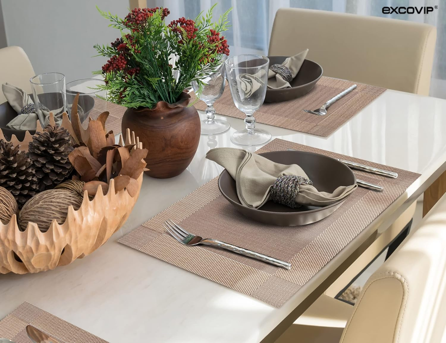 Heat-Resistant Crossweave Woven Dinning Table Set of 6 Placemat PVC Placemats-Exco Kitchen Place Mats Washable PVC Table Runner(Champagne) image number 4