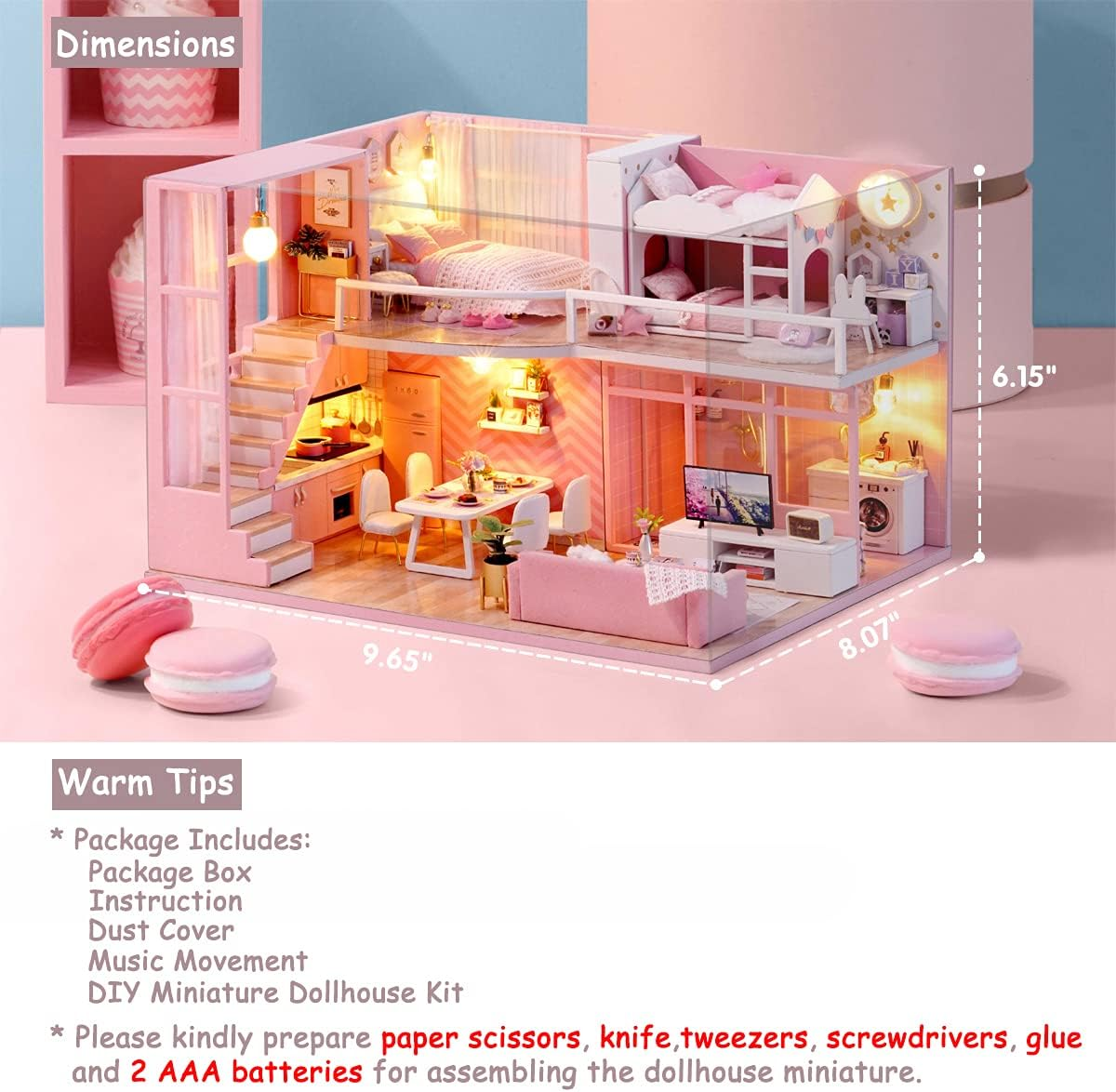 Tukiie DIY Miniature Dollhouse Kit with Furniture, 1:24 Scale Creative Room Mini Wooden Doll House Accessories plus Dust Proof & Music Movement for Kids Teens Adults(Dream Angels) image number 4