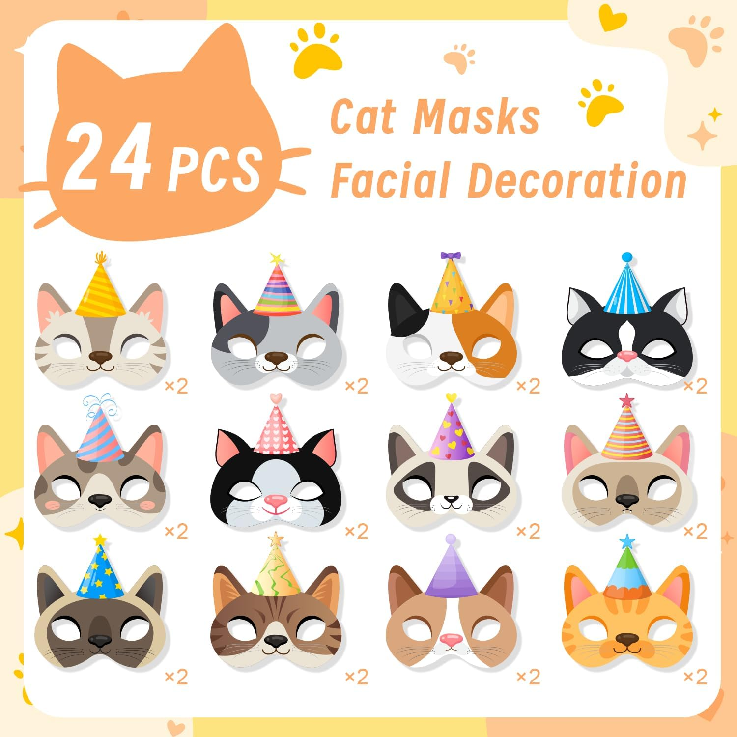 Cat Birthday Masks, 24 Pcs Kitten Party Masks - Cat Themed Photo Booth Props & Decorations for Kids image number 1