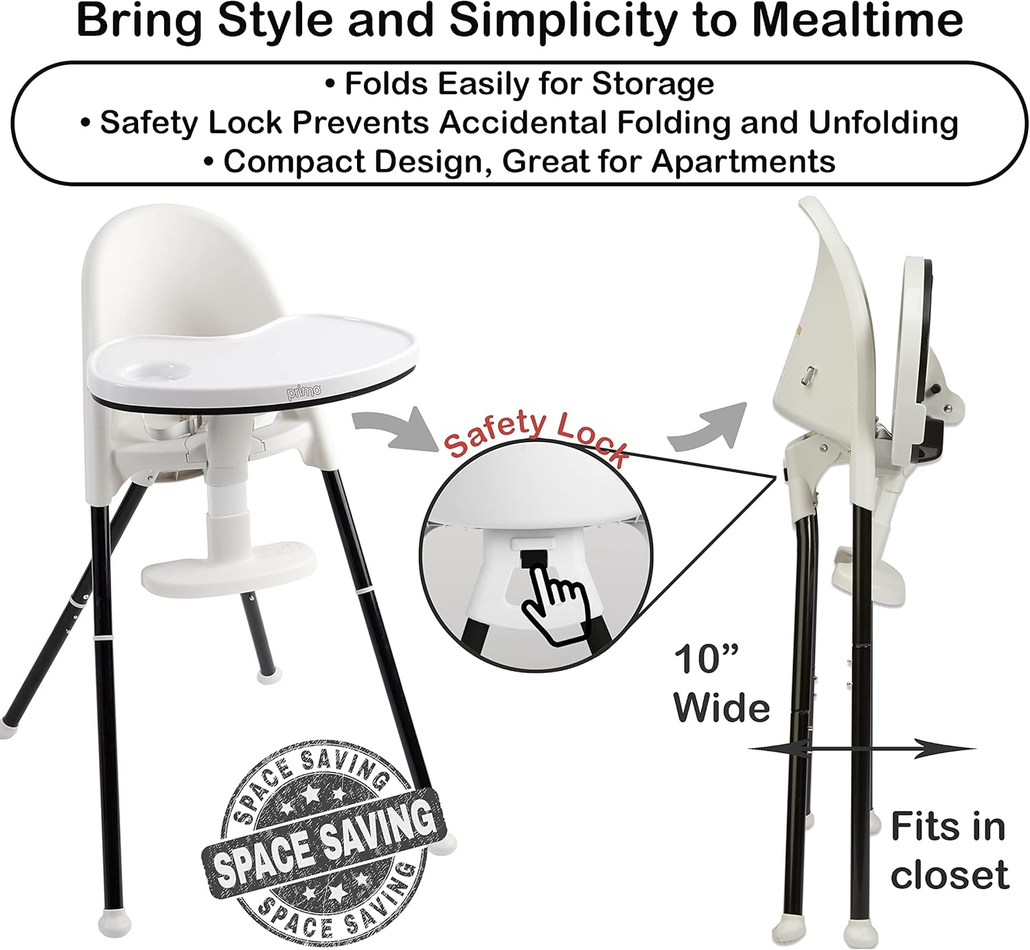 Primo Cozy Tot Deluxe Convertible Folding High Chair & Toddler Chair - Portable Foldable Baby Chair/Toddlers Highchair - Travel Friendly, Removable EZ Clean Tray, Black/White, 22"X21"X33.5" image number 1