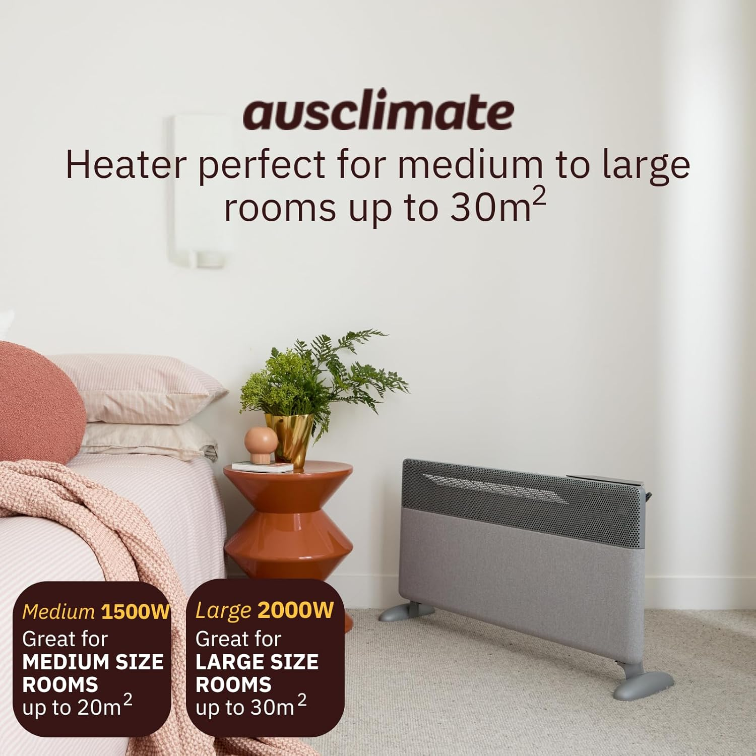 Ausclimate 1500W Smart Inverter Metal Panel Heater, Wall Mountable Home Heater Suitable for Medium-Sized Rooms up to 20M2, Compatible with Alexa and Google Home, Stone Grey