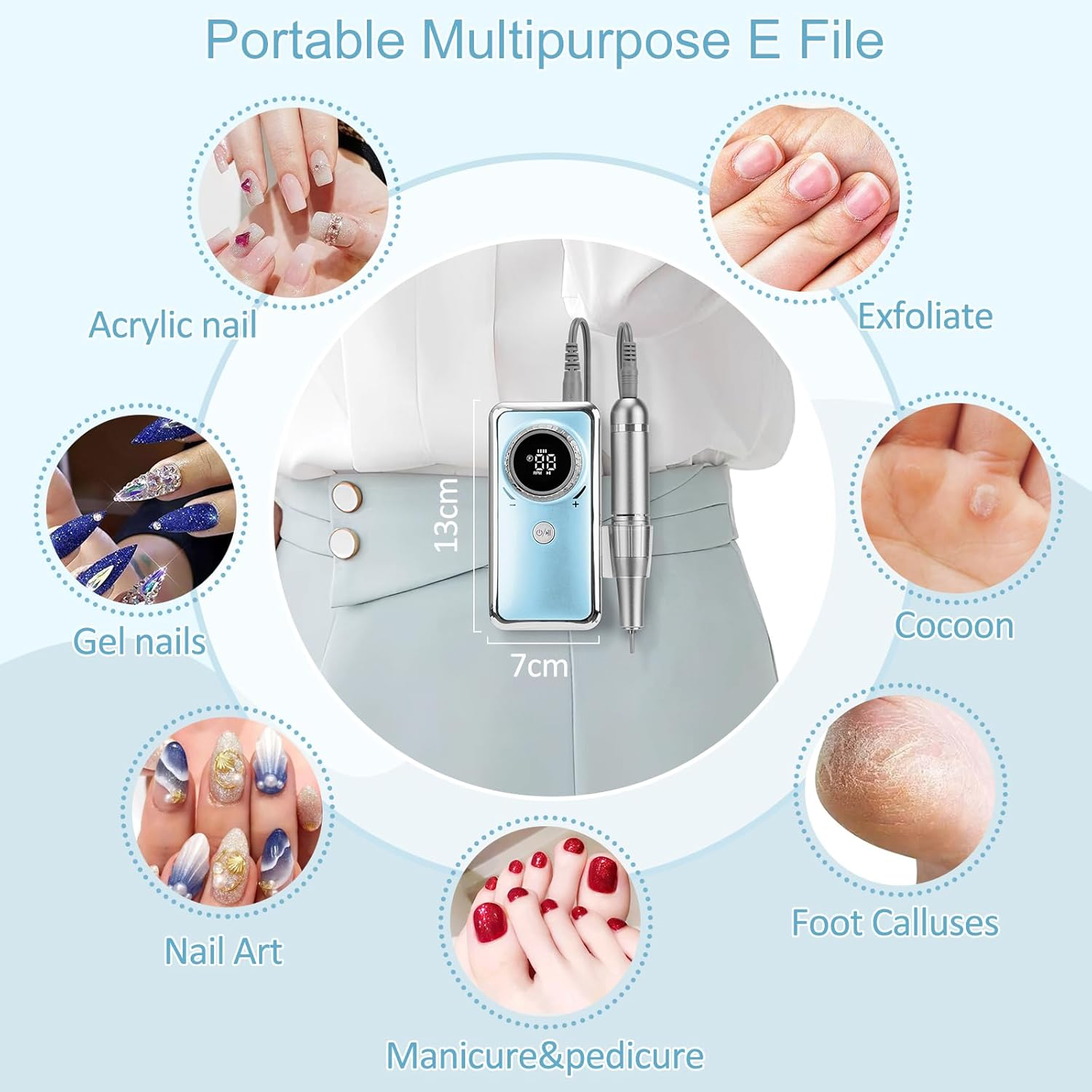 Madenia Professional Rechargeable Nail Drill: Electric Nail Files Portable USB E File for Acrylic Nails Gel, 35000RPM Adjustable Speed Electric Manicure and Pedicure Set with 6 Drill Bits,Blue image number 4