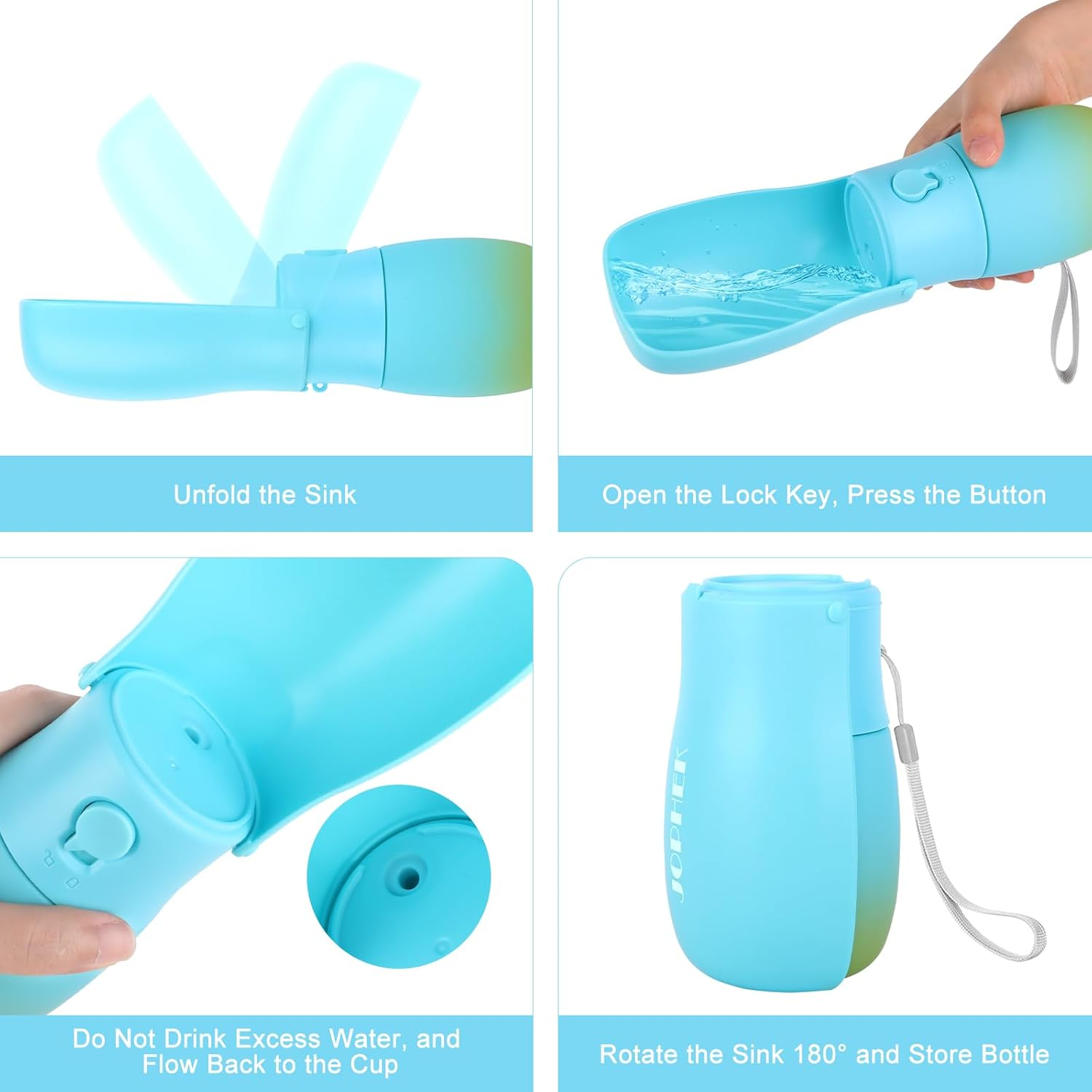 JOPHEK 300 Ml Portable Pet Water Bottle, 180&deg; Foldable Dog Cat Pets Leak-Proof Water Bottle, Dogs Cats Bottle with Activated Carbon Filter for Daily Walking, Walking, Travel, Camping