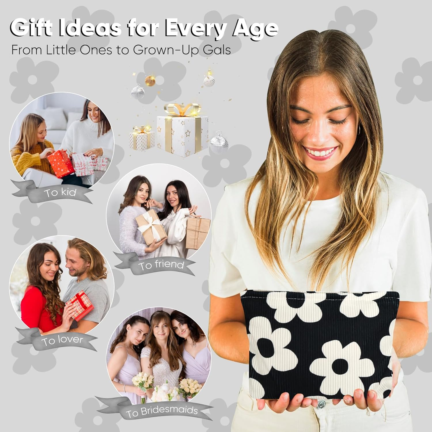 Ksriylm Cute Makeup Pouch for Women Flower Small Make up Bag for Purse Zipper Initial Cosmetic Bags Pouches for Purse Aesthetic Travel Toiletrybags Gift,Black White Floral image number 3