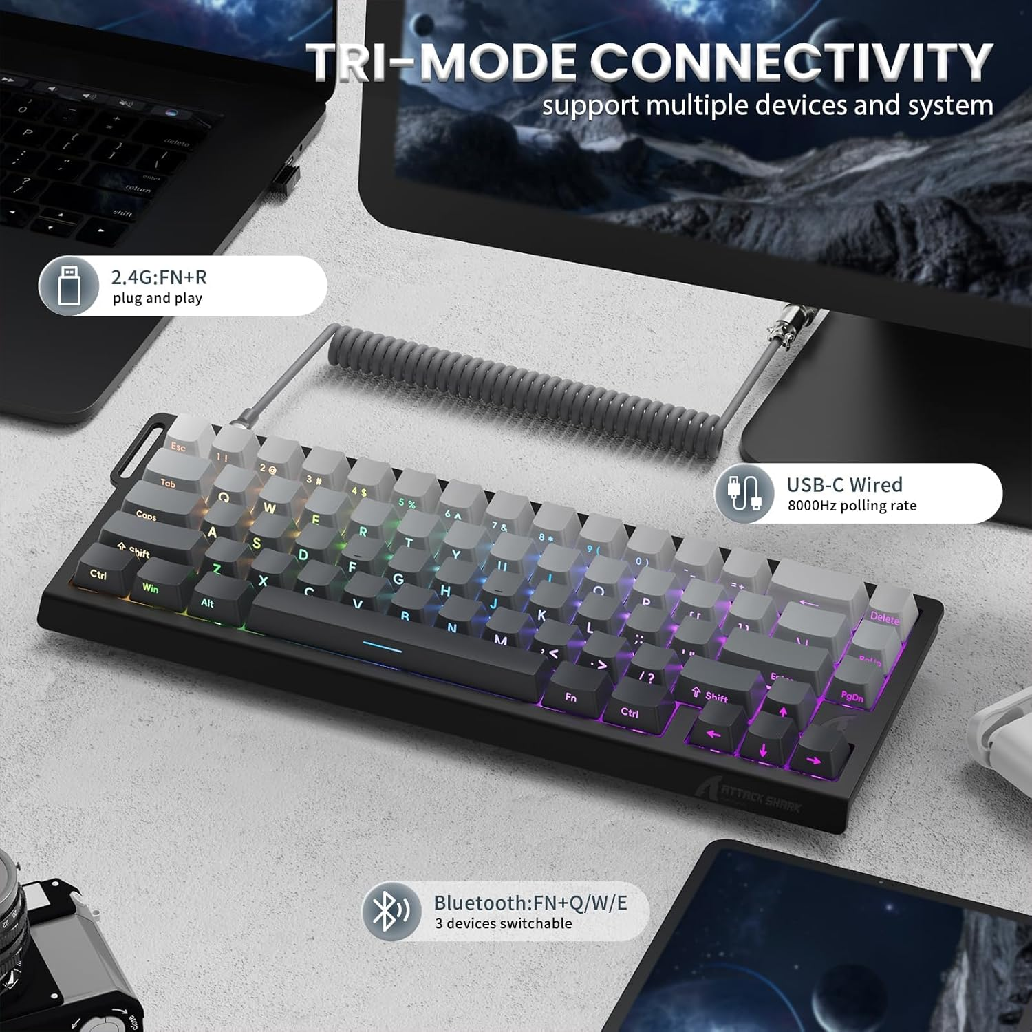 MAMBASNAKE X68 PRO HE Magnetic Gaming Keyboard, 60% Wireless Mechanical Keyboard with Tri-Mode Connection, Rapid Trigger Hall Effect Switches, 8Khz Polling, Low Latency for FPS MOBA Rts-Moonlit Night - Black Red image number 5