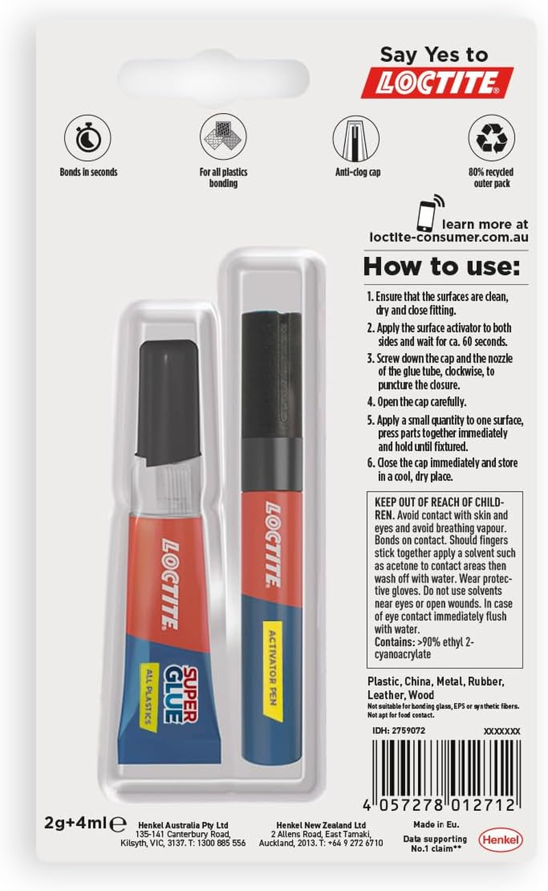 Loctite Super Glue All Plastics - Strong Super Glue for Plastic* - Transparent, Instant Set Plastic Adhesive with Dry Activator, 2 G Tube + 4 Ml Activator Pen image number 3