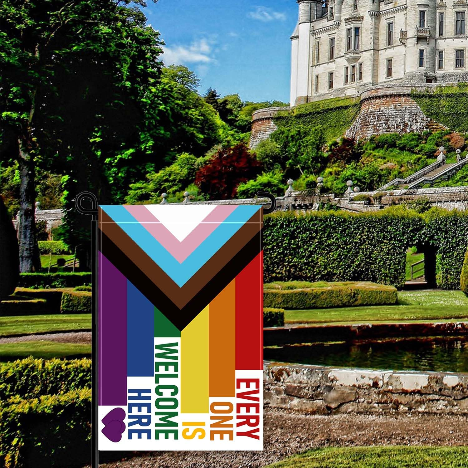 12&times;18 Inch Everyone Is Welcome Progress Rainbow Pride Garden Flag,30&times;45Cm Progressive Here Rainbow Inclusive Garden Decor,Double Side Digital Printed 210D Polyester Decoration for Garden Patio image number 3