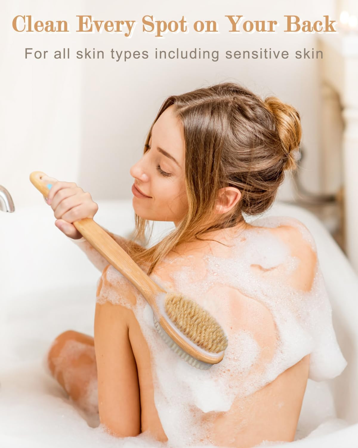 FREATECH Long Handle Body Brush Back Scrubber Exfoliator - 17.3" Wooden Bath Shower Brush, Dual-Sided Brush Head with Soft Nylon Bristles and Stiff Natural Bristles for Wet or Dry Brushing,Blue image number 4