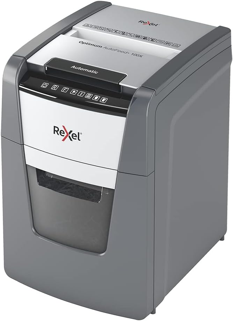 Rexel Optimum Auto Feed+ 100 Sheet Automatic Cross Cut Paper Shredder, P-4 Security, Home/Home Office, 34 Litre Removable Bin, 2020100XAU, Black image number 1