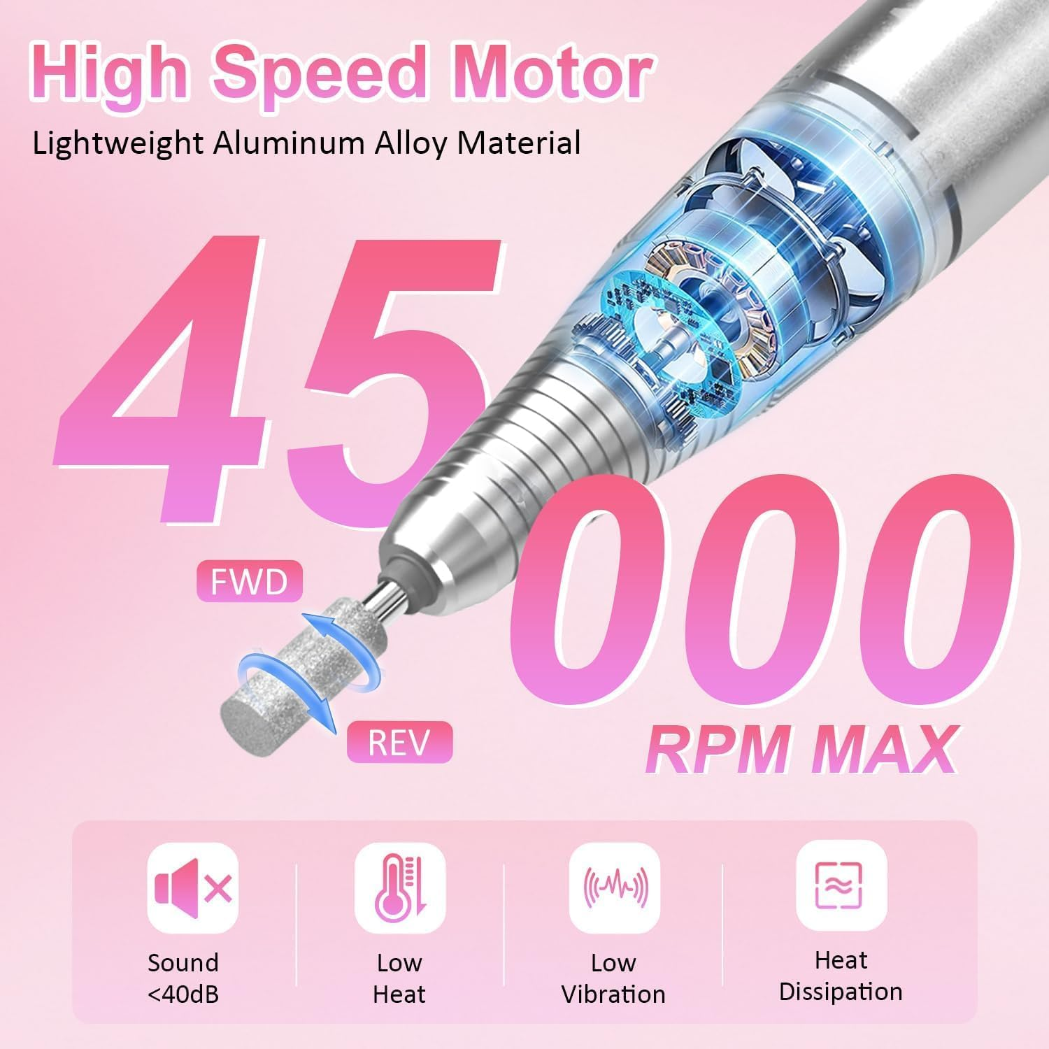 45000 RPM Electric Nail Drill LEDSUUEI: Professional Electric Nail Drill Portable Rechargeable Electric Nail File Machine E File for Acrylic Nails Gel Polishing Removing, Manicure Salon Home image number 4