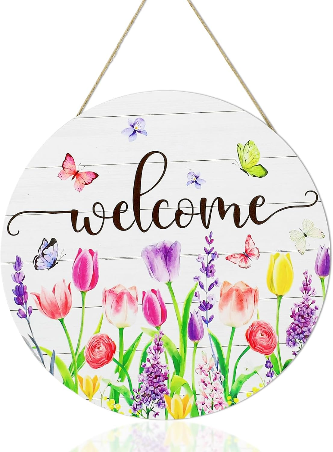 Huakaile Spring Tulip Welcome Sign for Front Door Decor, Pink Purple Floral Butterfly Welcome Door Sign, Seasonal Flower Wooden Door Hangers, Farmhouse Wreath Hanging Signs Decoration for Porch Yard