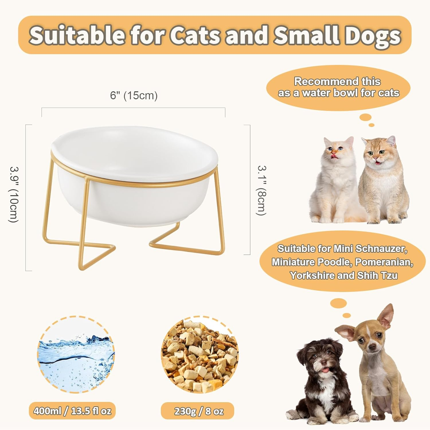 White Small Ceramic Tilted Elevated Cat Dog Bowl Raised Cat Food Water Bowl Dish Pet Comfort Feeding Bowls with Gold Iron Stand image number 4