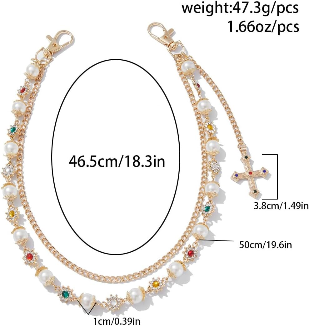 Layered Cross Pants Wallet Chains for Women Exquisite Gold Silver Crystal Pearl Jean Pocket Chain Bag Purse Charms Punk Jewelry for Women Men