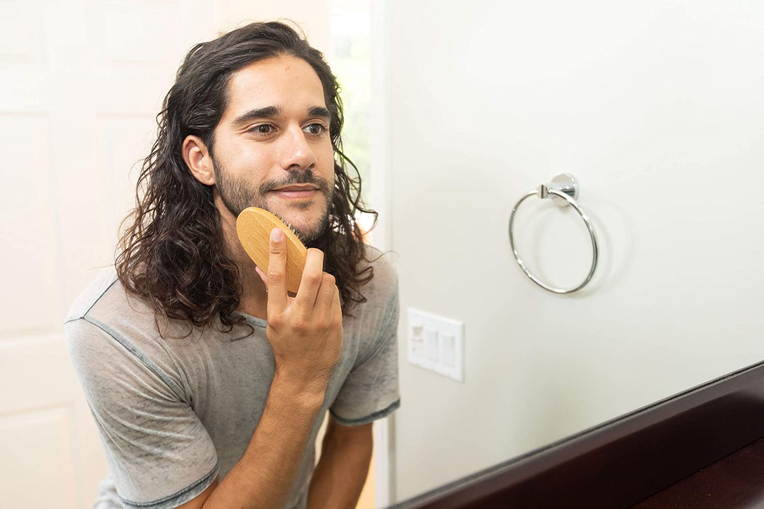 Grannaturals Military Style Boar Bristle Hair Brush for Men and Boys - Palm Size Hairbrush and Beard Brush for Grooming Thin, Fine, Facial and Short Hair - Soft Bristle Slick Back & Smoothing image number 5