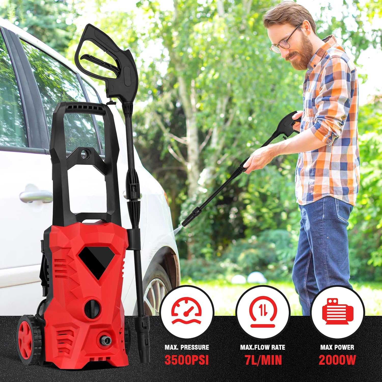 ADVWIN 3500Psi Pressure Washer, 2000W Electric High Power Washer Adjustable Spray Gun (5M High Pressure Hose) Red | Suitable for Families image number 2