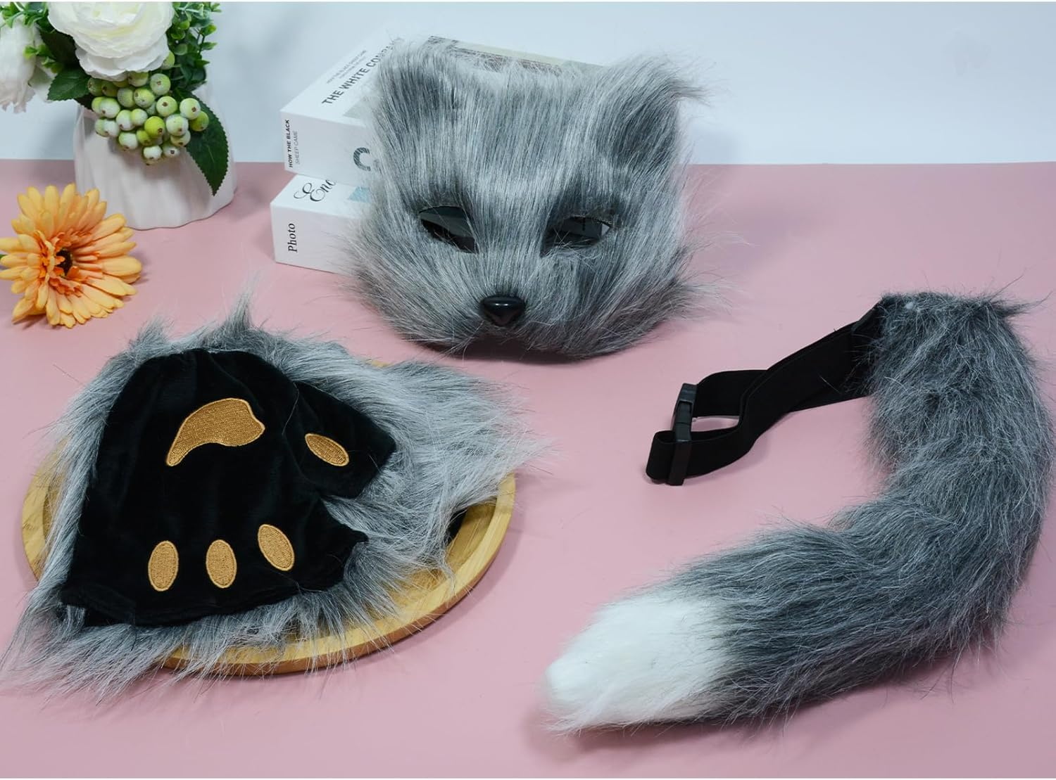 Furry Costume Wolf Costume for Girls Adult Kids Includes Fox Tail Plush Mask and Plush Paw Gloves Perfect for Halloween Costume Parties Christmas Events(Grey) image number 5