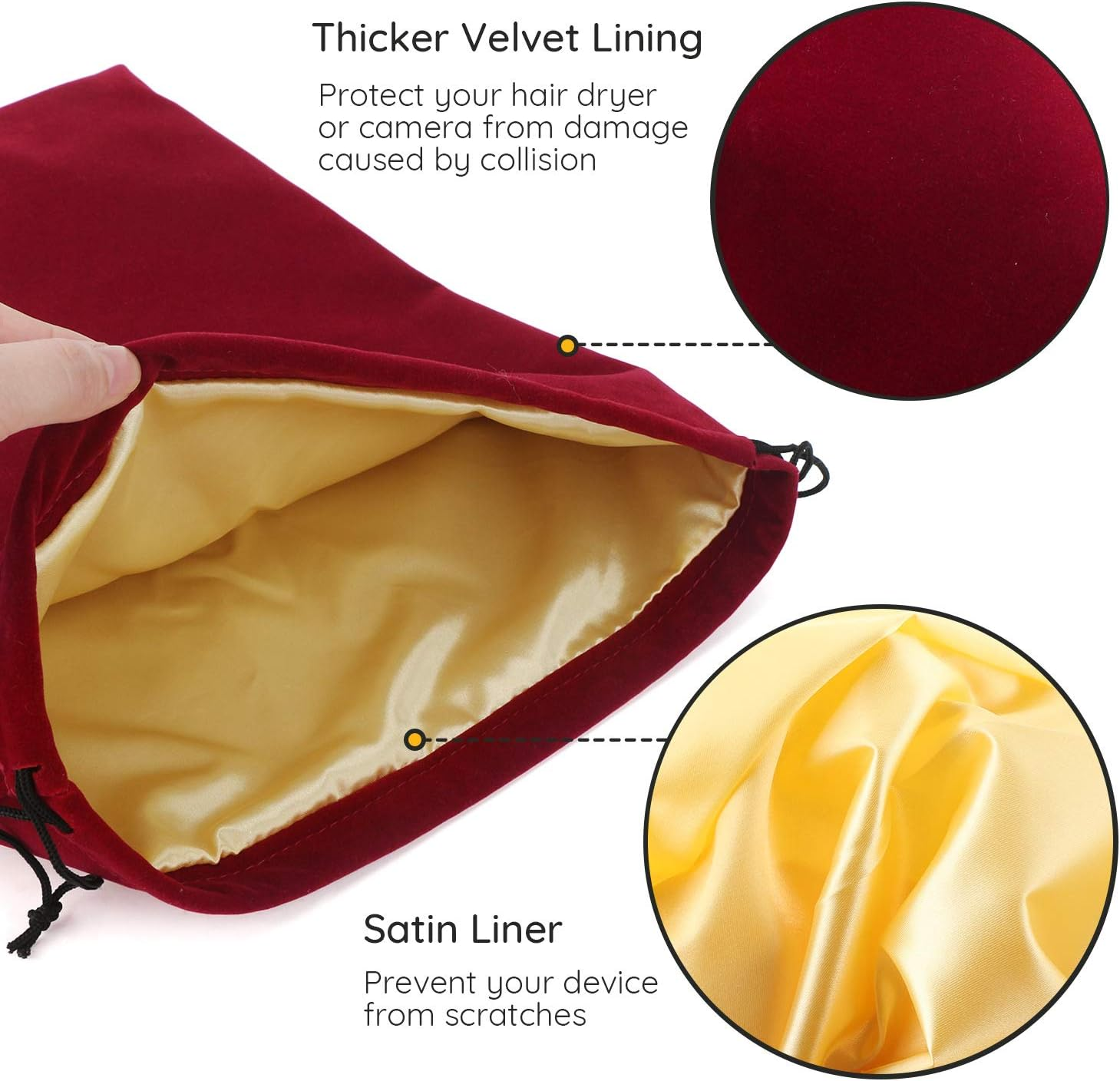 3Pcs Hair Dryer Storage Bag, Segbeauty Blow Dryer Bag, 11.8X15.7 Inches Satin Lined Organizer with Drawstring Wine Red Velvet Pouch Bag for Diffuser Straighteners Brush Clothes Gift Present image number 6
