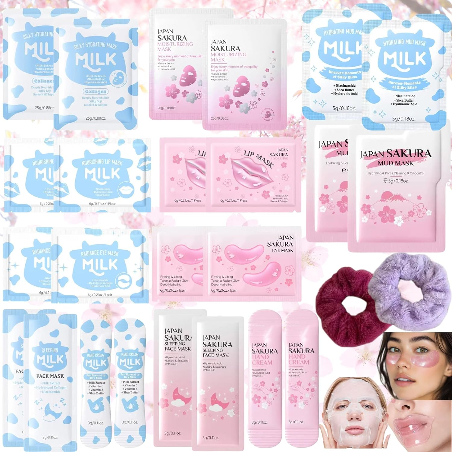 26PCS Sleepover Spa Party Supplies Set,Sakura & Milk Skin Care Set for Teenager Girl Gift,Pamper Gifts for Women with Hand Cream,Face Masks, Lip & Eye Masks,Travel-Friendly Birthday Gifts for Women image number 6