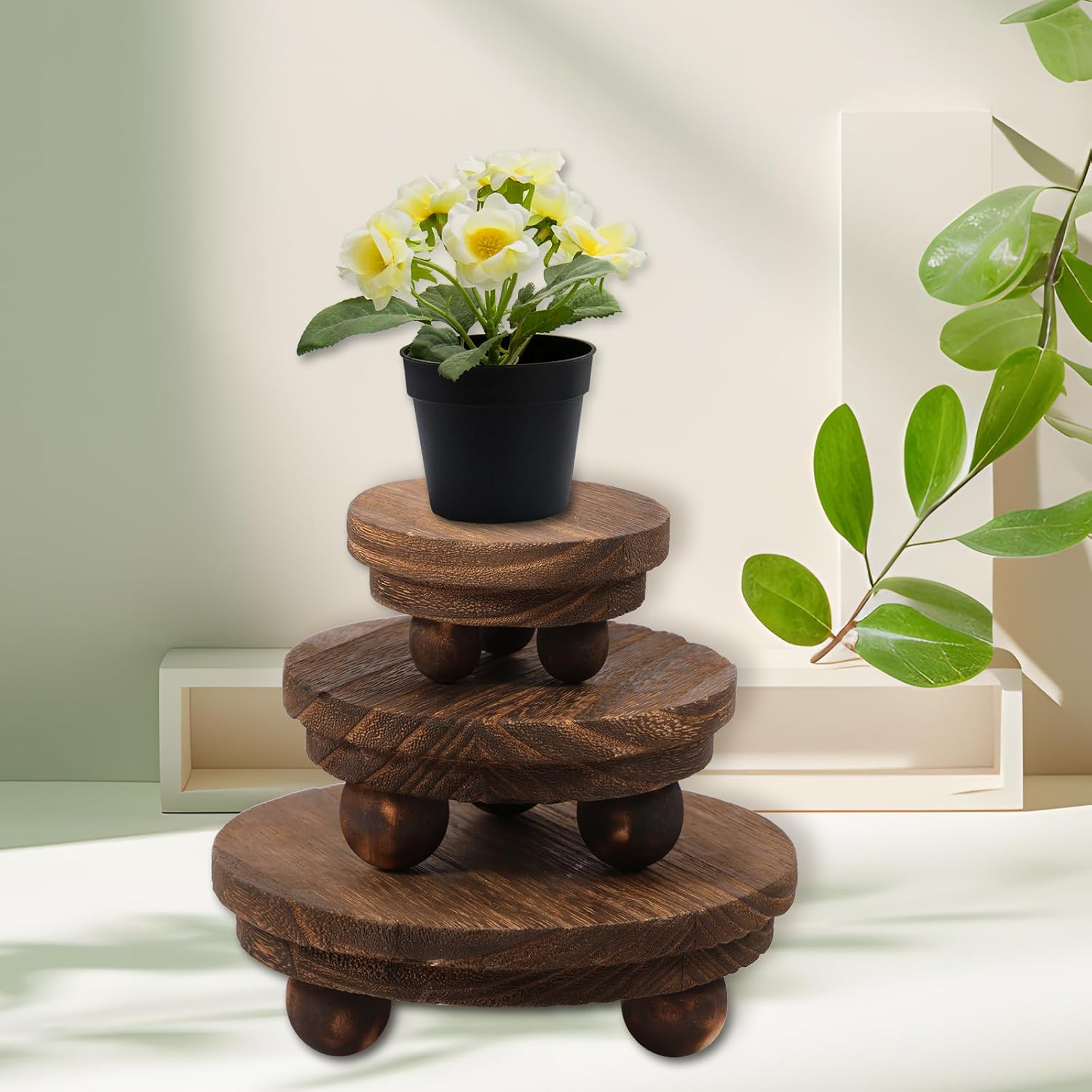 3 Pcs Wood Risers for Decor, Wood Pedestal Stand for Display, round Mini Riser Stand, Tiered Tray Decor Riser, Stackable Wooden Stool Display Stand Flower Pot Holder for Indoor Outdoor (Brown)
