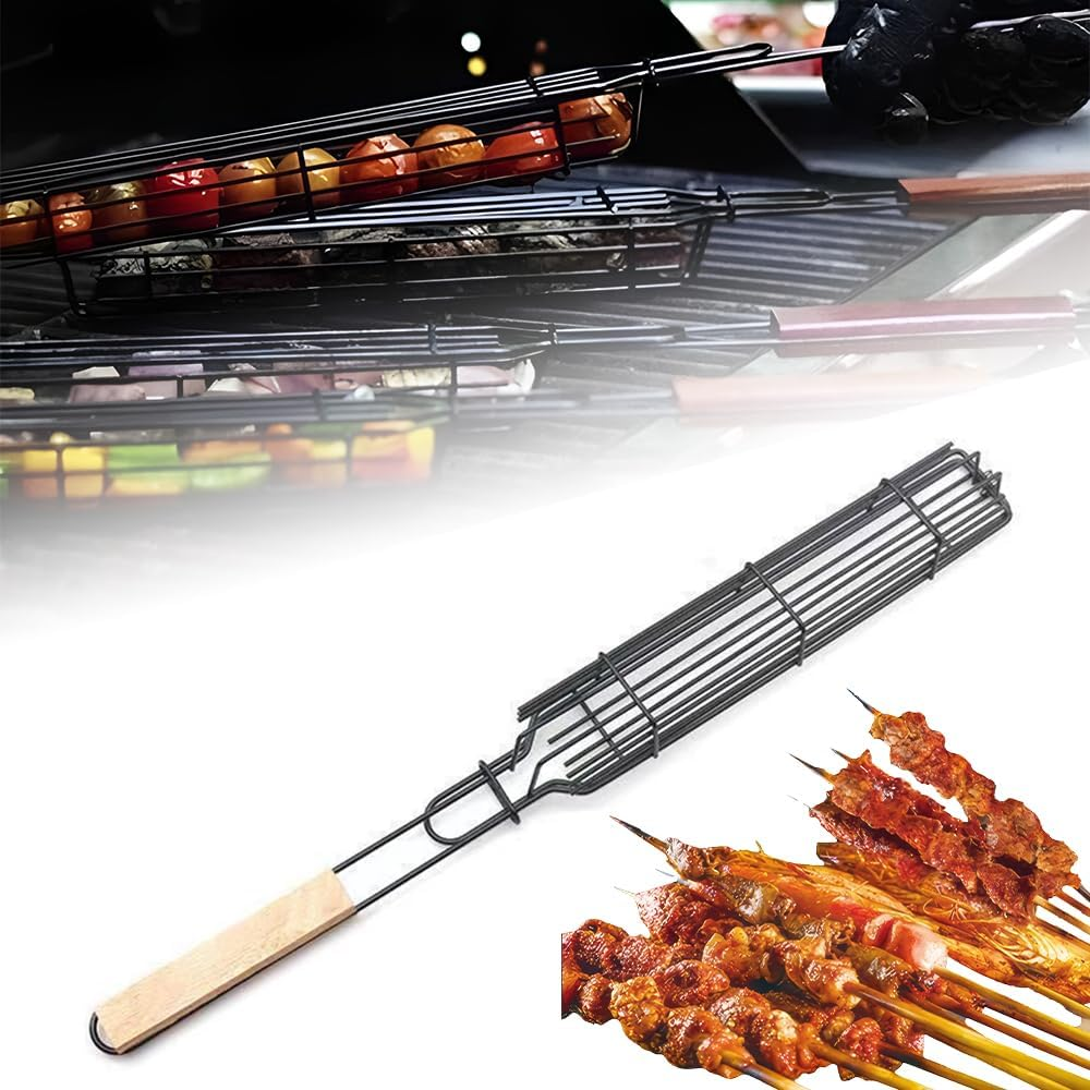 2 Pack Non-Stick Single Kabob Baskets, Barbecue Grill Basket，Bbq Square Grill Mesh with Long Wooden Handle for Fish Vegetable Sausage Meat image number 5