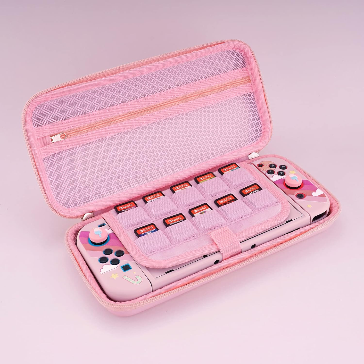 Playvital Pink Travel Carrying Case for Nintendo Switch & Switch OLED, Protective Hard Shell Storage Case for Switch,W/Thumb Grips Game Cards Slots & Inner Pocket - Kitten & Chicken
