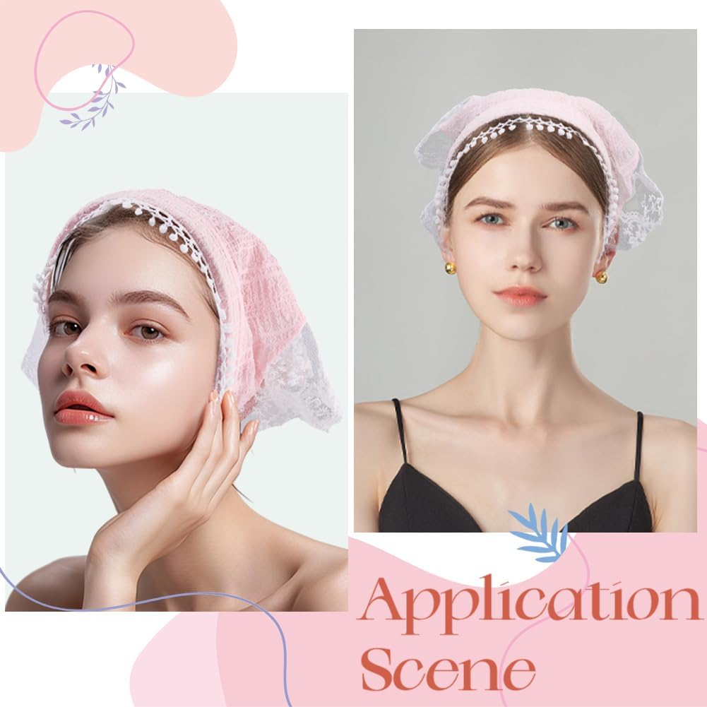 CABODYALS 2 Pieces 2 Colours Lace Hair Bandana Boho French White Pink Vintage Cute Soft Headscarf Non-Slip Summer Scarf Headscarf for Women Bridal Wedding Party Styling Dress Accessories