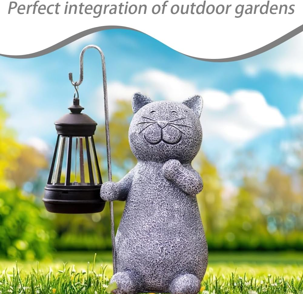 Cat Sculpture Figurine Light, Garden Lights Statue, Garden Ornaments Lantern Outdoor, 25.5 * 12 * 9.5Cm, Grey image number 4