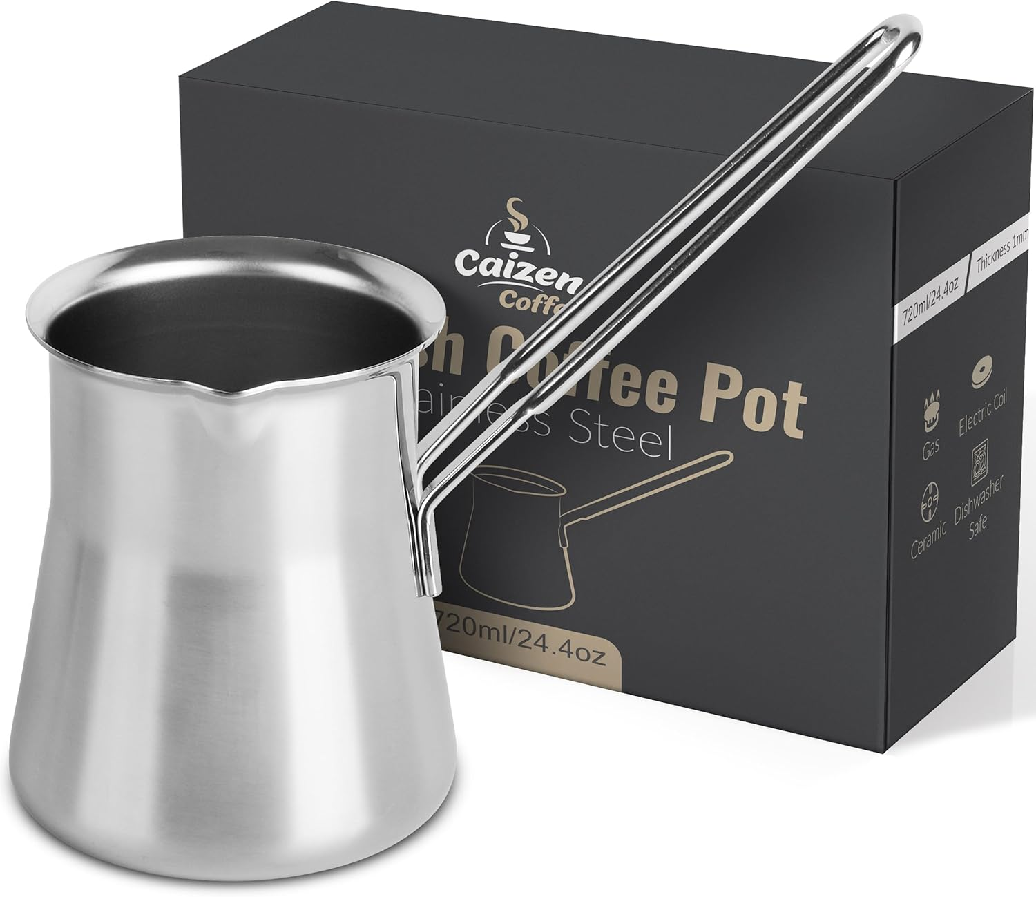 Caizen Coffee Quality Turkish Coffee Pot - Turkish Coffee Maker, Chai Pot, Arabic Coffee Pot, Briki Greek Coffee Pot, Greek Briki, Turkish Coffee Cezve, Turkish Coffee Pot Ibrik (24Oz) image number 5