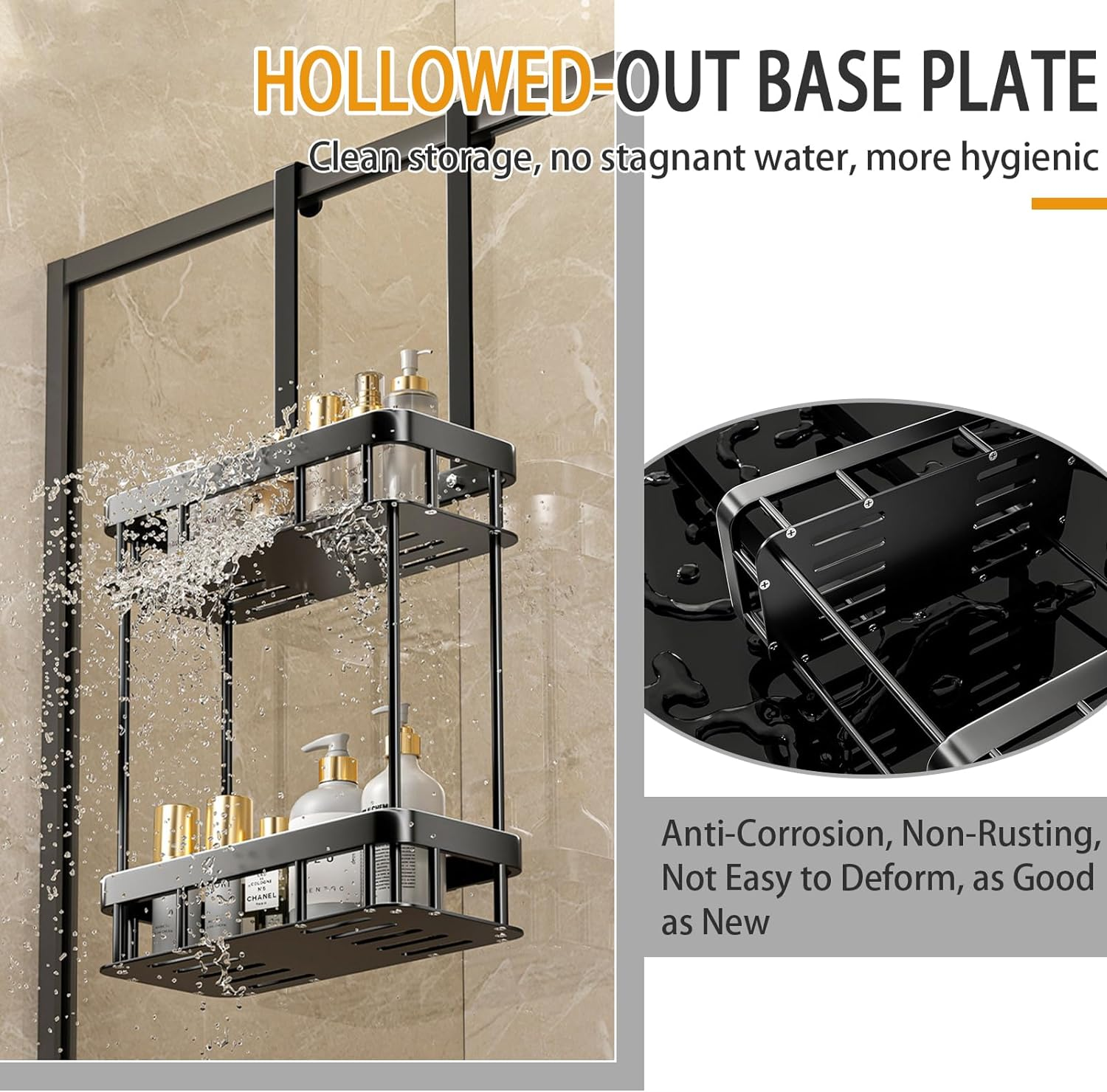 Over the Door Shower Caddy, 2 Tier Hanging Shower Caddy Shower Shelf, Metal Hanging Shower Organizer, Rustproof Bathroom Shower Storage Rack Basket, No Drilling, Black image number 3