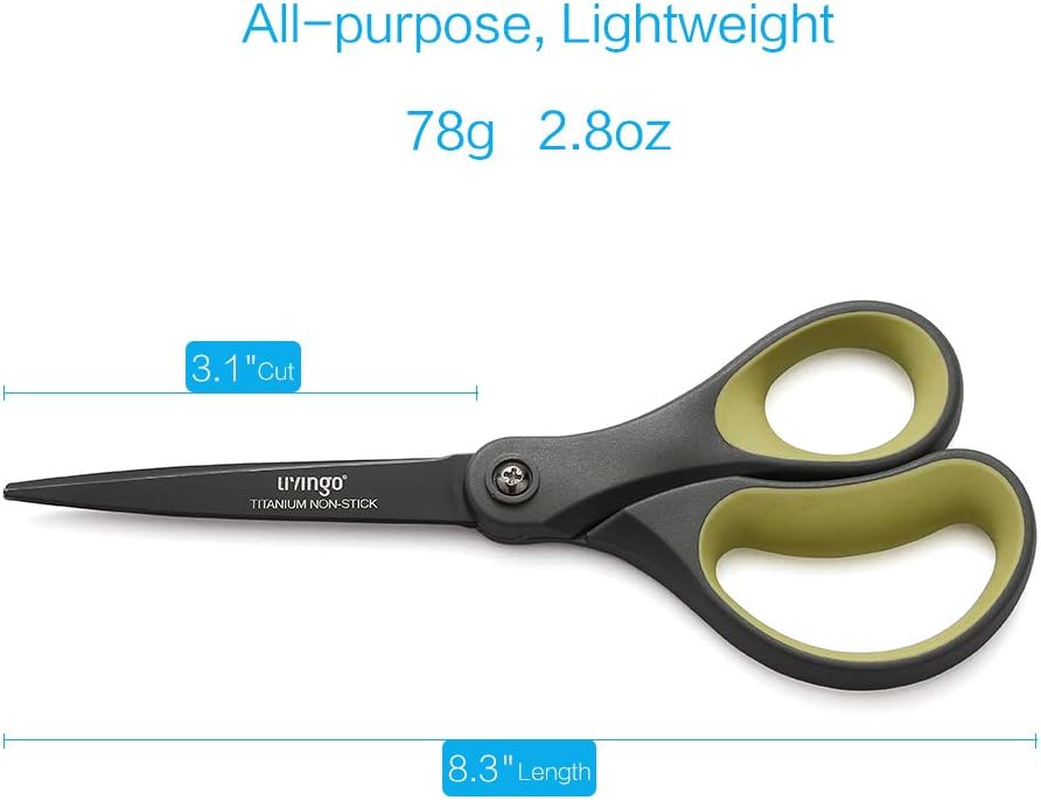 LIVINGO 2 Pack 8" Titanium Non-Stick Scissors, Professional Stainless Steel Comfort Grip, All-Purpose, Straight Office Craft Scissors(Green/Yellow,20.3Cm) image number 1