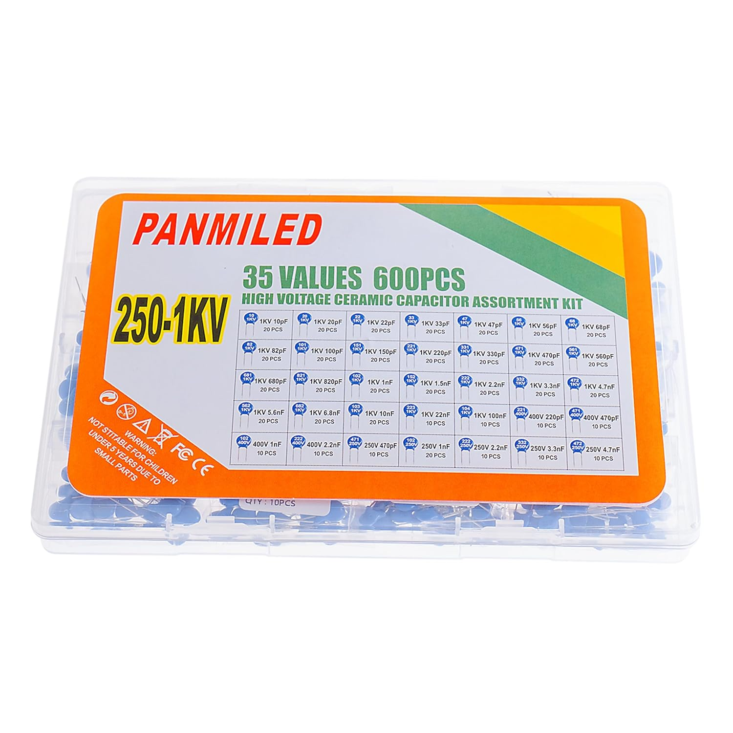 PANMILED 35 Values 600 Pieces High Voltage Ceramic Disc Capacitor Assortment Kit (Capacitor Range : 10Pf~100Nf) (250V 400V and 1KV) image number 5